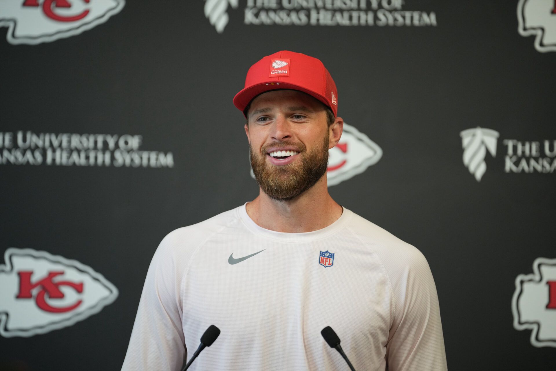 Kansas City Chiefs place kicker Harrison Butker (7) speaks to media members during a short press conference after the Kansas City Chiefs mandatory mini-camp.