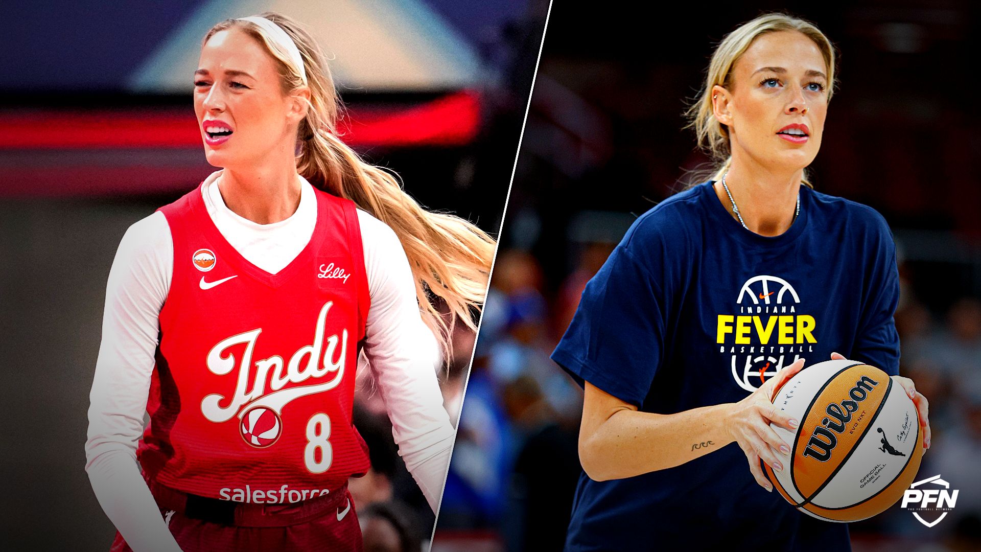 Collage featuring Indiana Fever guard Sophie Cunningham (8) reacts to a foul call Friday, Aug. 14, 2026, during the first half of a game at and BASKETBALL-WNBA-CHI-IND/.
USA TODAY Network via Reuters Co / IMAGN IMAGES via Reuters Connect