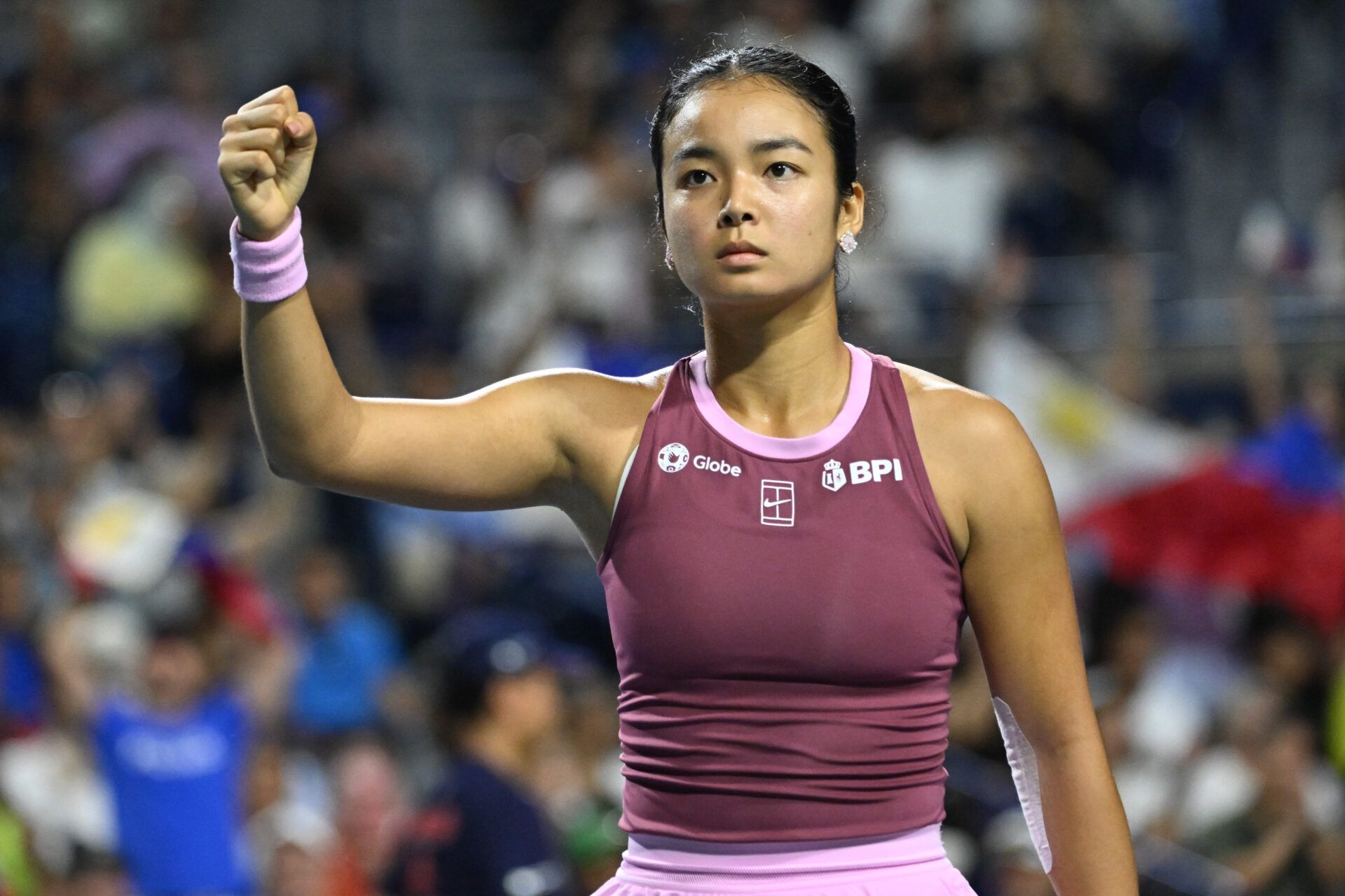 Alexandra Eala (PHI) reacts after winning a game against Caty McNally (USA) during third round play at Sobeys Stadium.