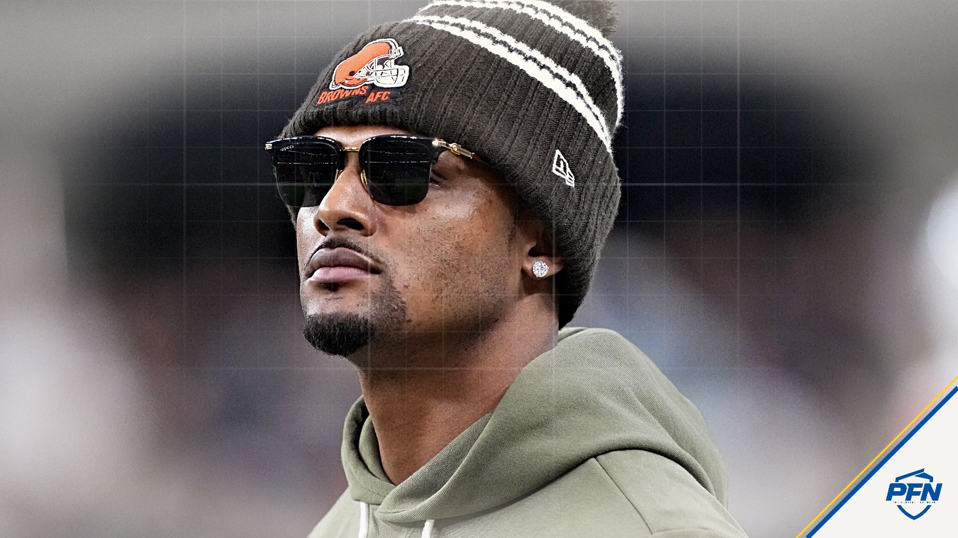Cleveland Browns quarterback Deshaun Watson watches on the sidelines against the Las Vegas Raiders in the second half at Allegiant Stadium.