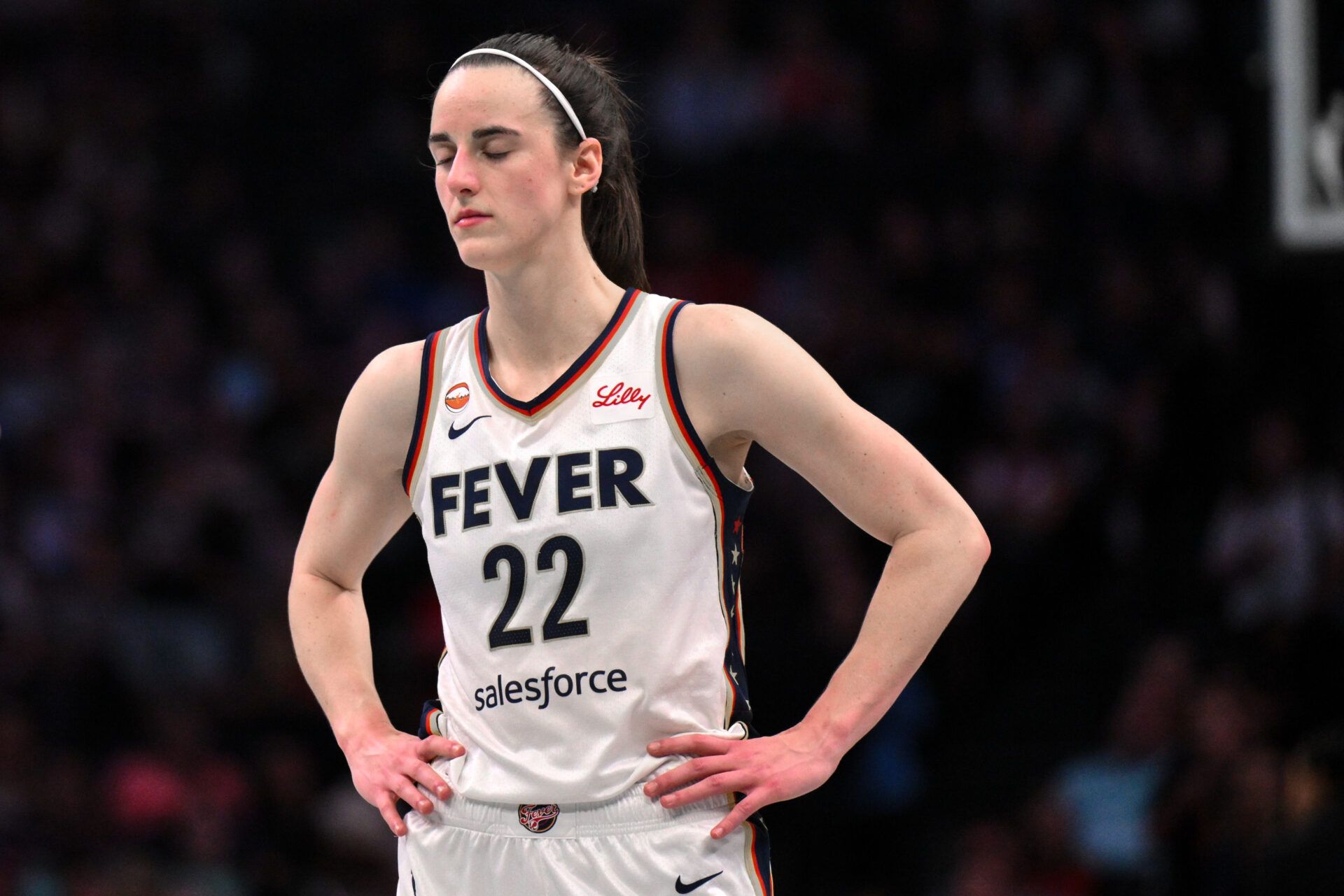 Indiana Fever guard Caitlin Clark (22) reacts during the second half against the New York Liberty at Barclays Center.