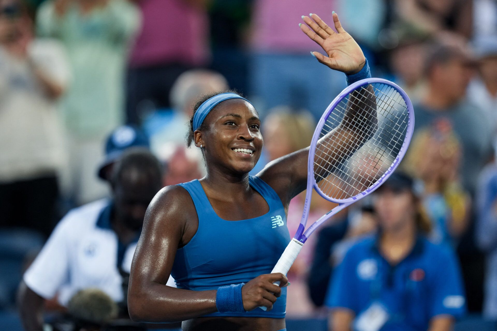 Coco Gauff (USA) reacts to defeating Marie Bouzkova (CZE) during the Cincinnati Open at Lindner Family Tennis Center.