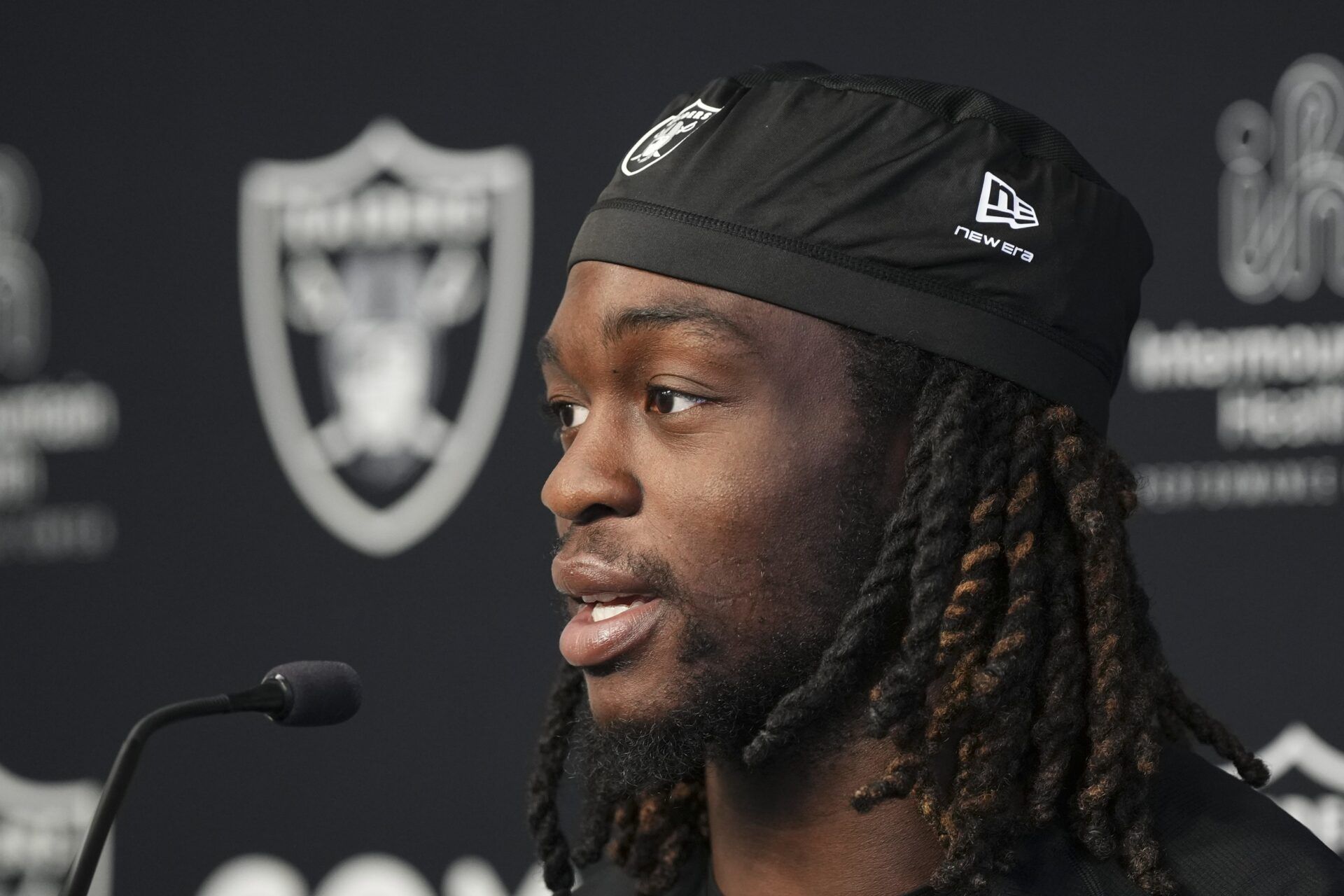 Las Vegas Raiders running back Ashton Jeanty (2) speaks during a news conference during organized team activities at Intermountain Health Performance Center.