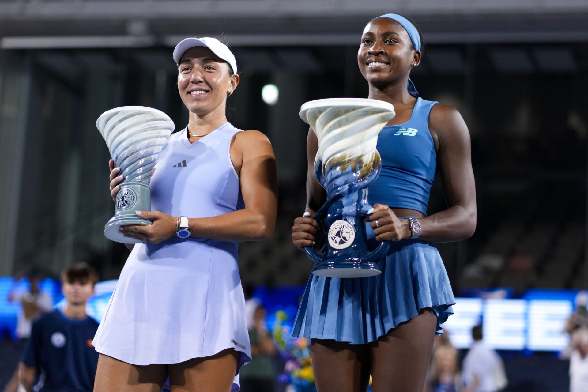 Jessica Pegula (USA) and Coco Gauff (USA) pose for a photo after their match during the finals of the Cincinnati Open at Lindner Family Tennis Center.