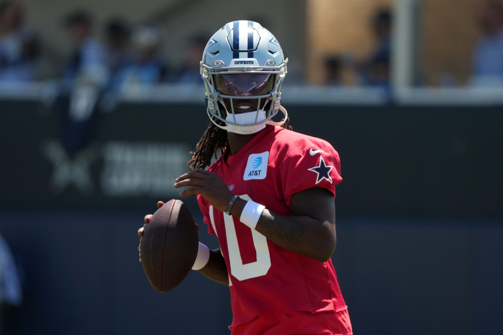 Dallas Cowboys quarterback Joe Milton III (10) throws the ball at training camp at River Ridge Playing Fields.