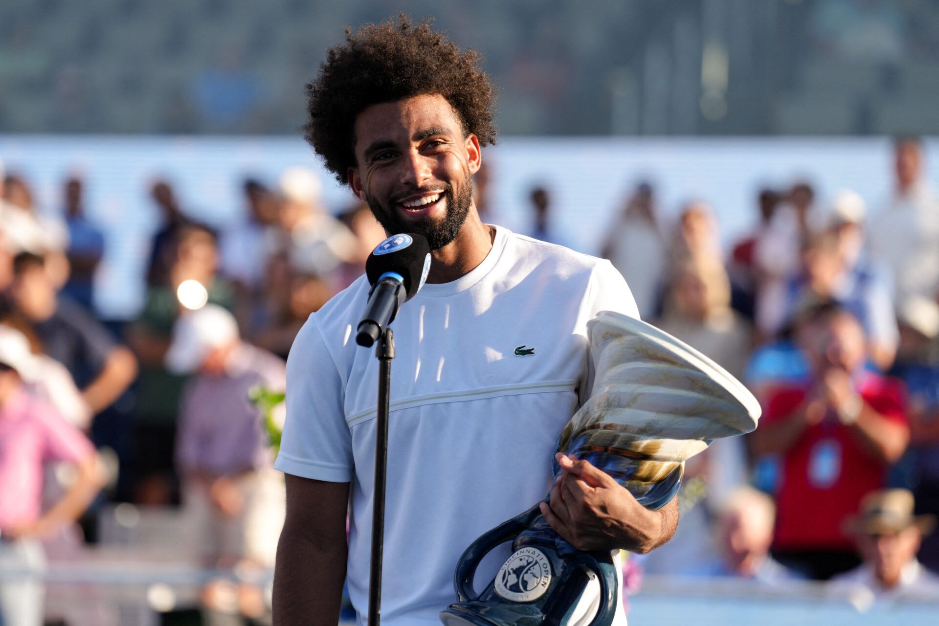 Arthur Fils (FRA) addresses the fans after his match against Frances Tiafoe (USA) during the finals of the Cincinnati Open at Lindner Family Tennis Center.