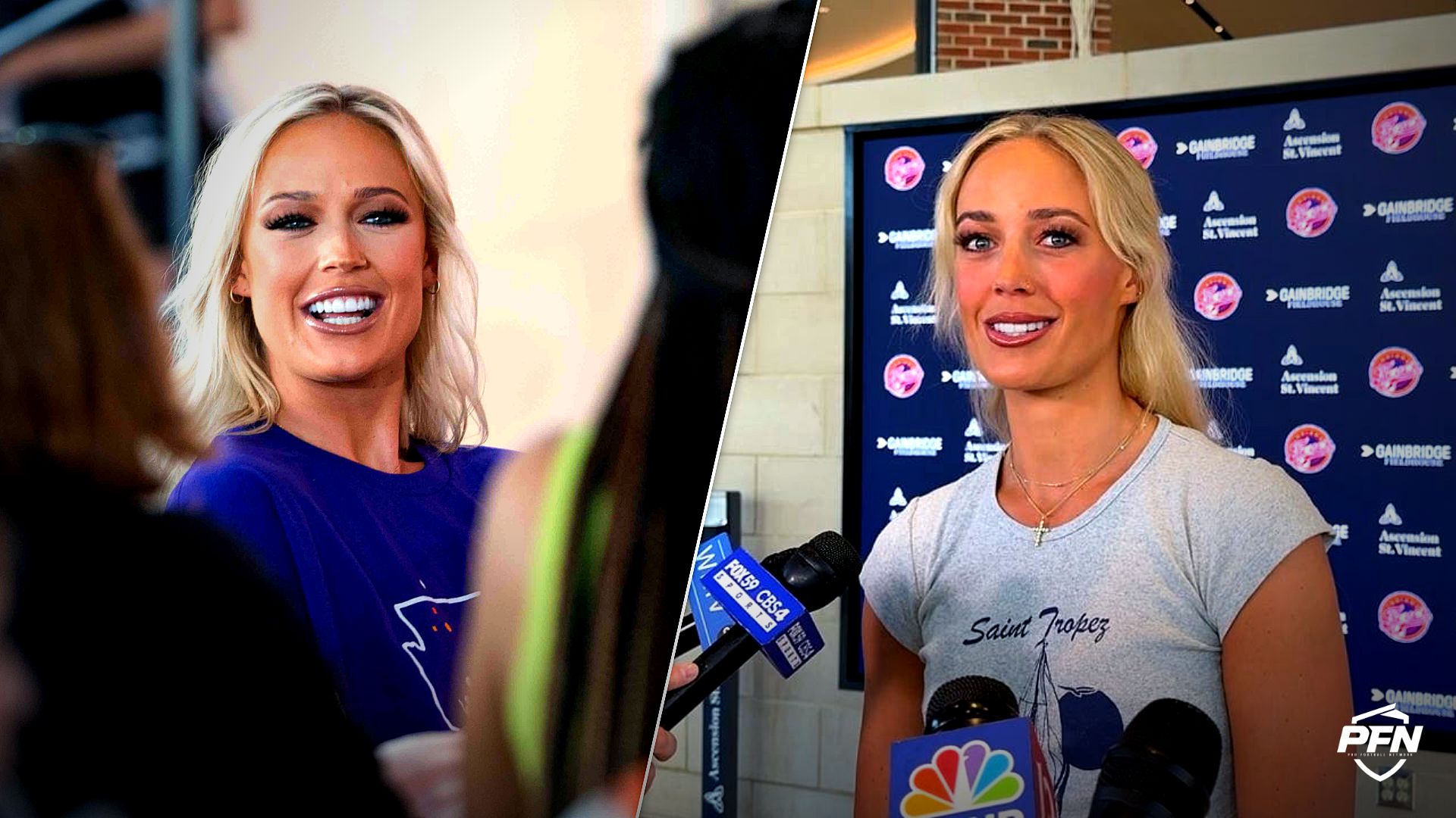 Collage featuring Sophie Cunningham, from the Phoenix Mercury, attends the WNBA's Changemaker Day event at Parsons Leadership Center at Camp South and Indiana Fever guard Sophie Cunningham meets with the media on Tuesday, March 11, 2025..
USA TODAY Network via Reuters Connect