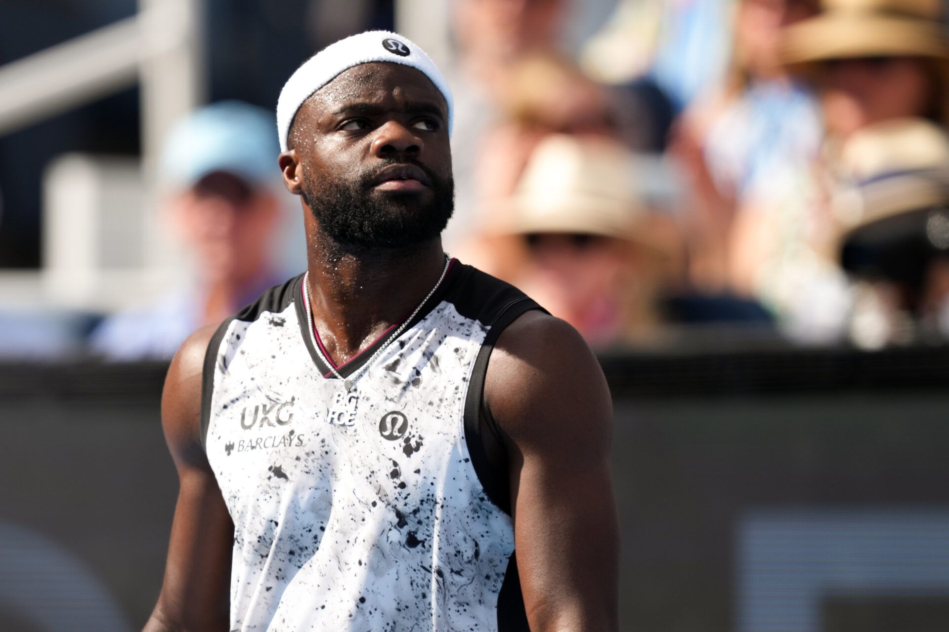 Frances Tiafoe (USA) reacts after returning a shot against Arthur Fils (FRA) during the finals of the Cincinnati Open at Lindner Family Tennis Center.