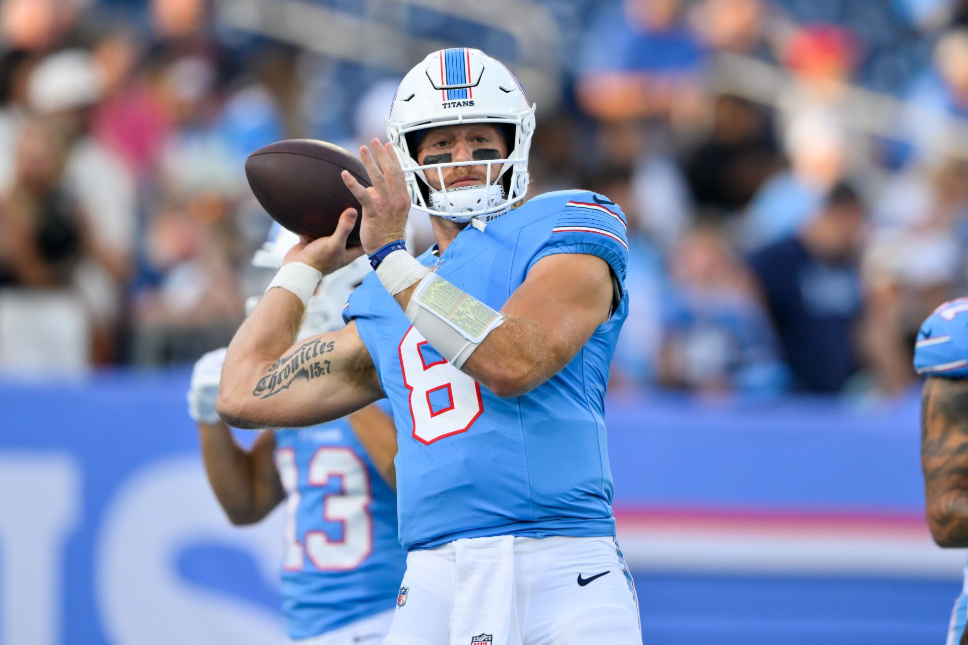 Tennessee Titans quarterback Will Levis (8) throws a pass during warmup period against the Seattle Seahawks at Nissan Stadium.