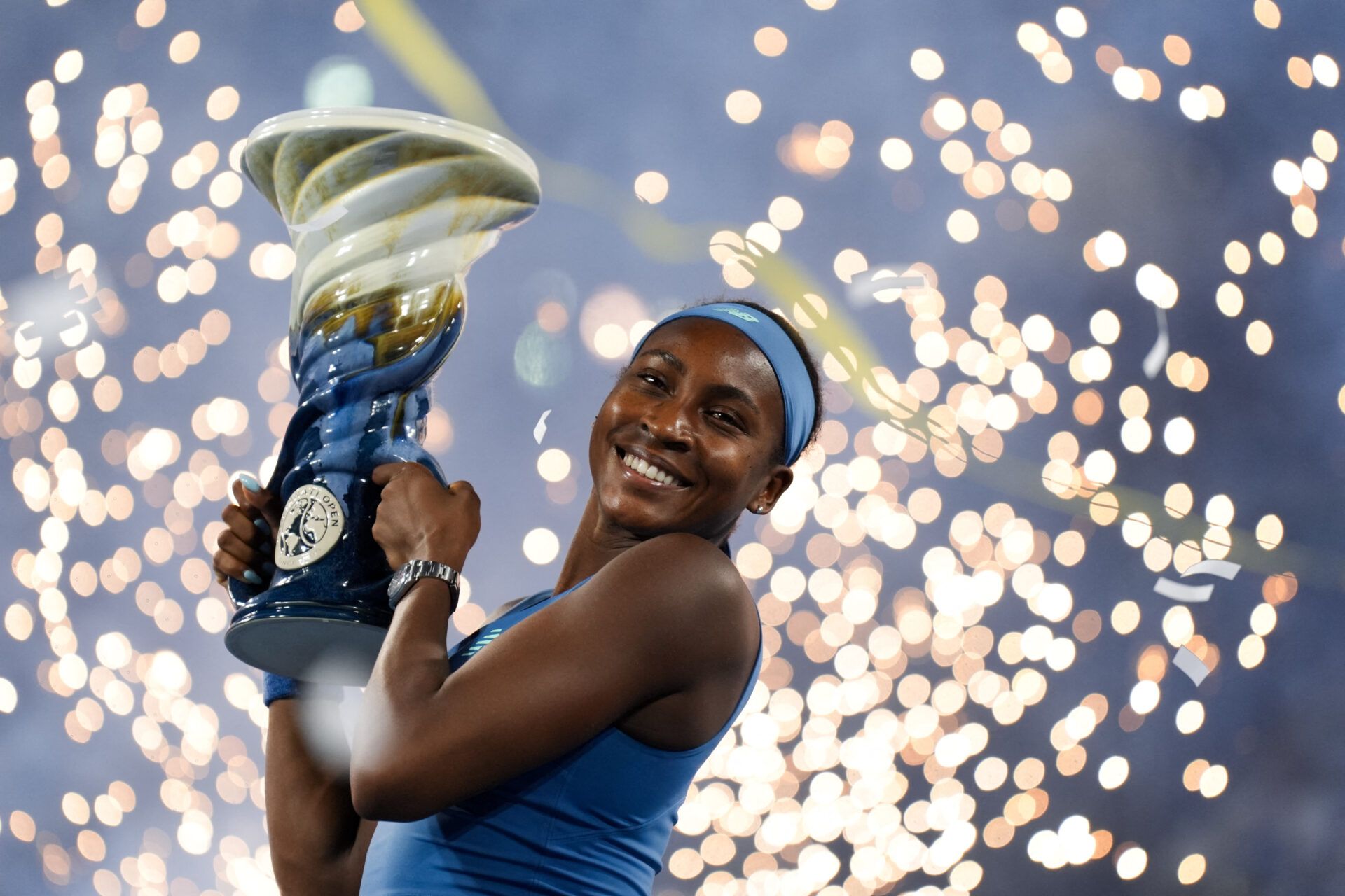 Coco Gauff (USA) celebrates with the Rookwood Cup after defeating Jessica Pegula (USA) during the finals of the Cincinnati Open at Lindner Family Tennis Center.
