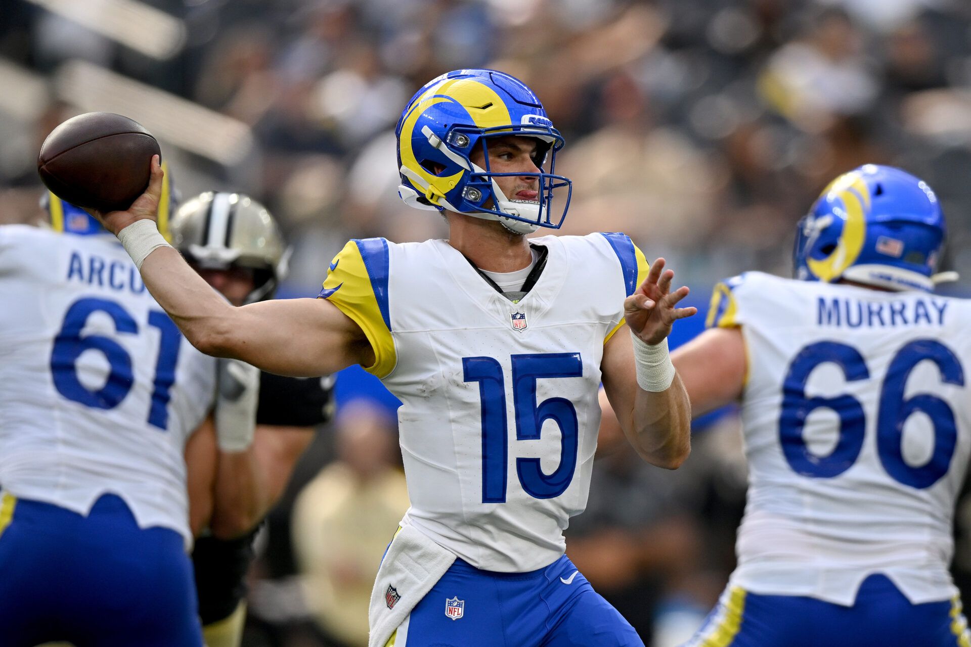 Los Angeles Rams quarterback Ty Simpson (15) throws  pass during the fourth quarter against the New Orleans Saints at SoFi Stadium.