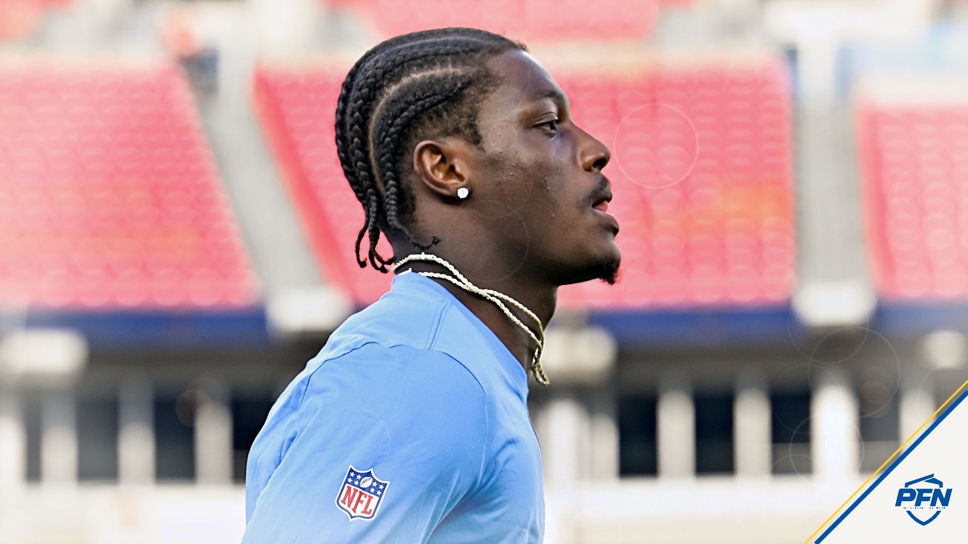 Tennessee Titans wider receiver Carnell Tate (14) during warmup period against the Seattle Seahawks at Nissan Stadium.