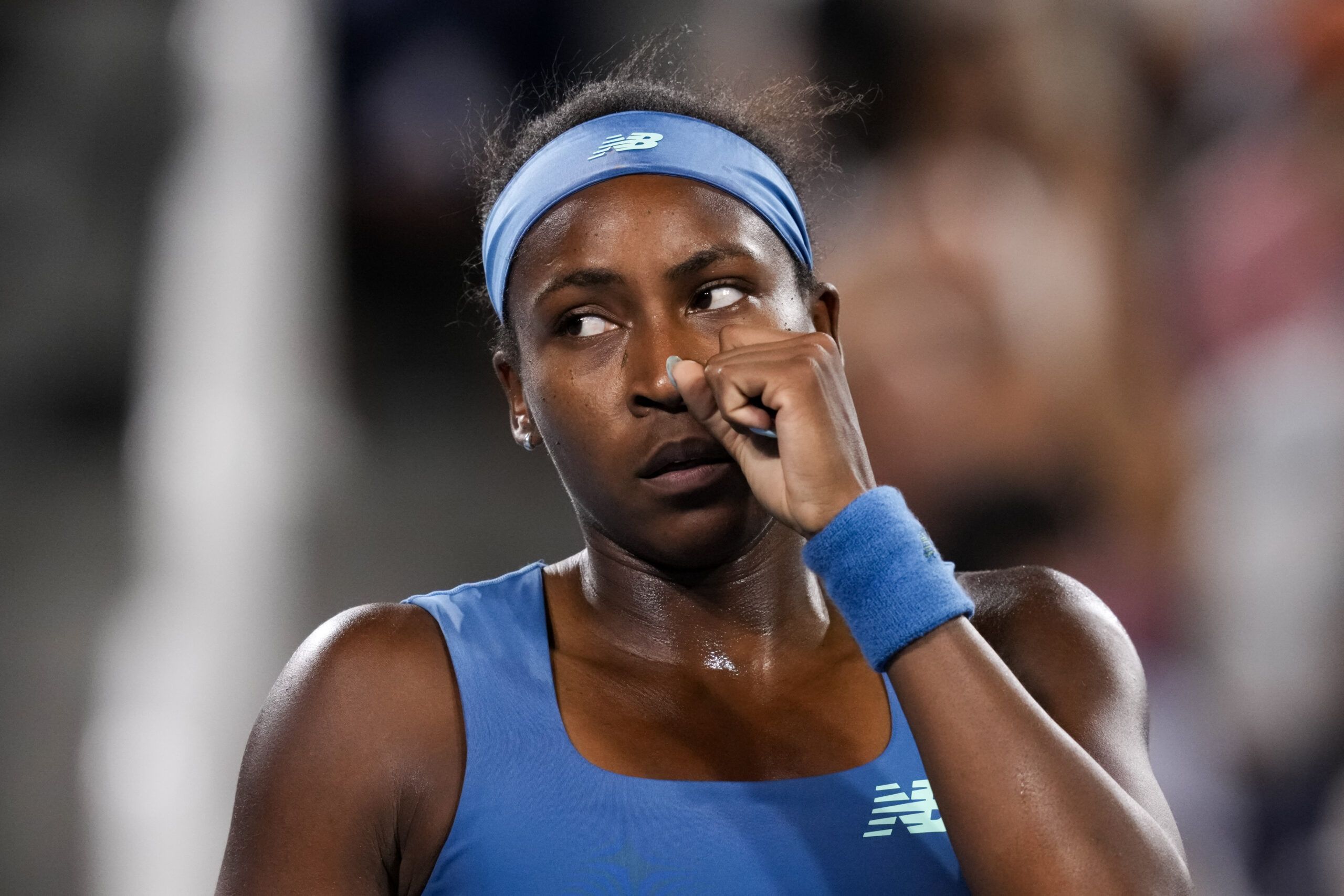 Coco Gauff (USA) reacts after returning a shot against Sara Bejlek (CZE) during the Cincinnati Open at Lindner Family Tennis Center.