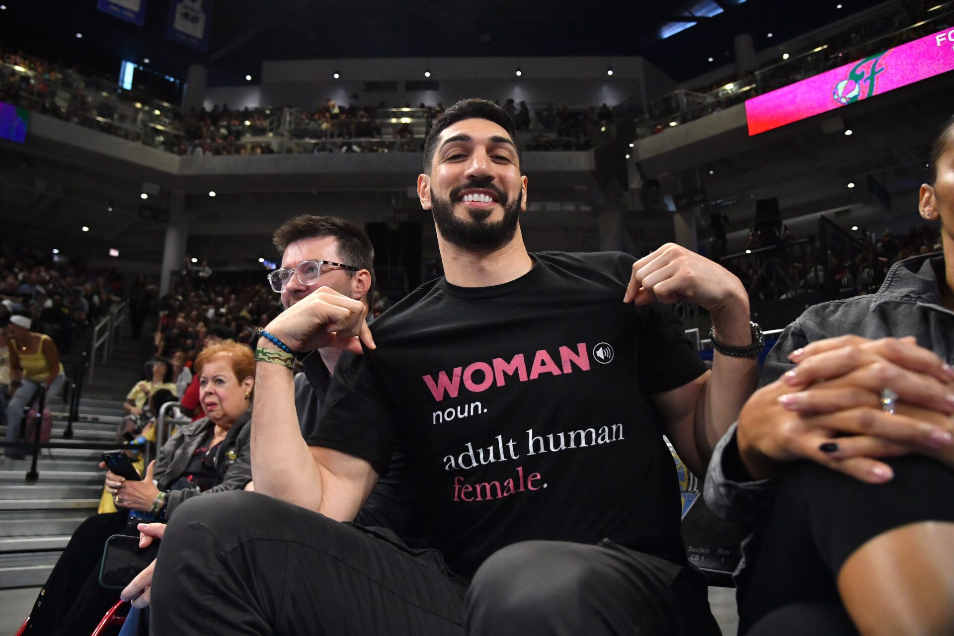 Turkish-American former basketball player and human rights activist Enes Kanter Freedom is seen prior to a game between the Indiana Fever and the Chicago Sky at Wintrust Arena.