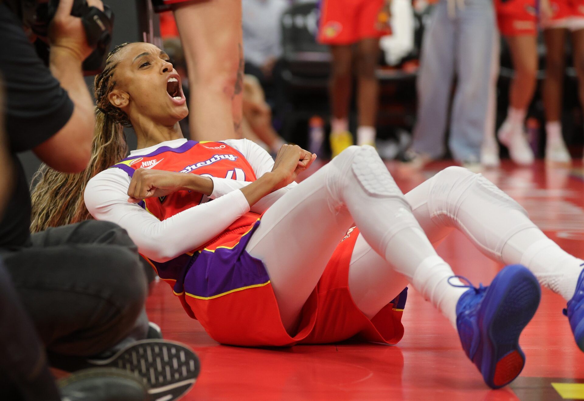 Phoenix Mercury forward DeWanna Bonner (24) celebrates a shot against the Portland Fire in the first half at Mortgage Matchup Center.