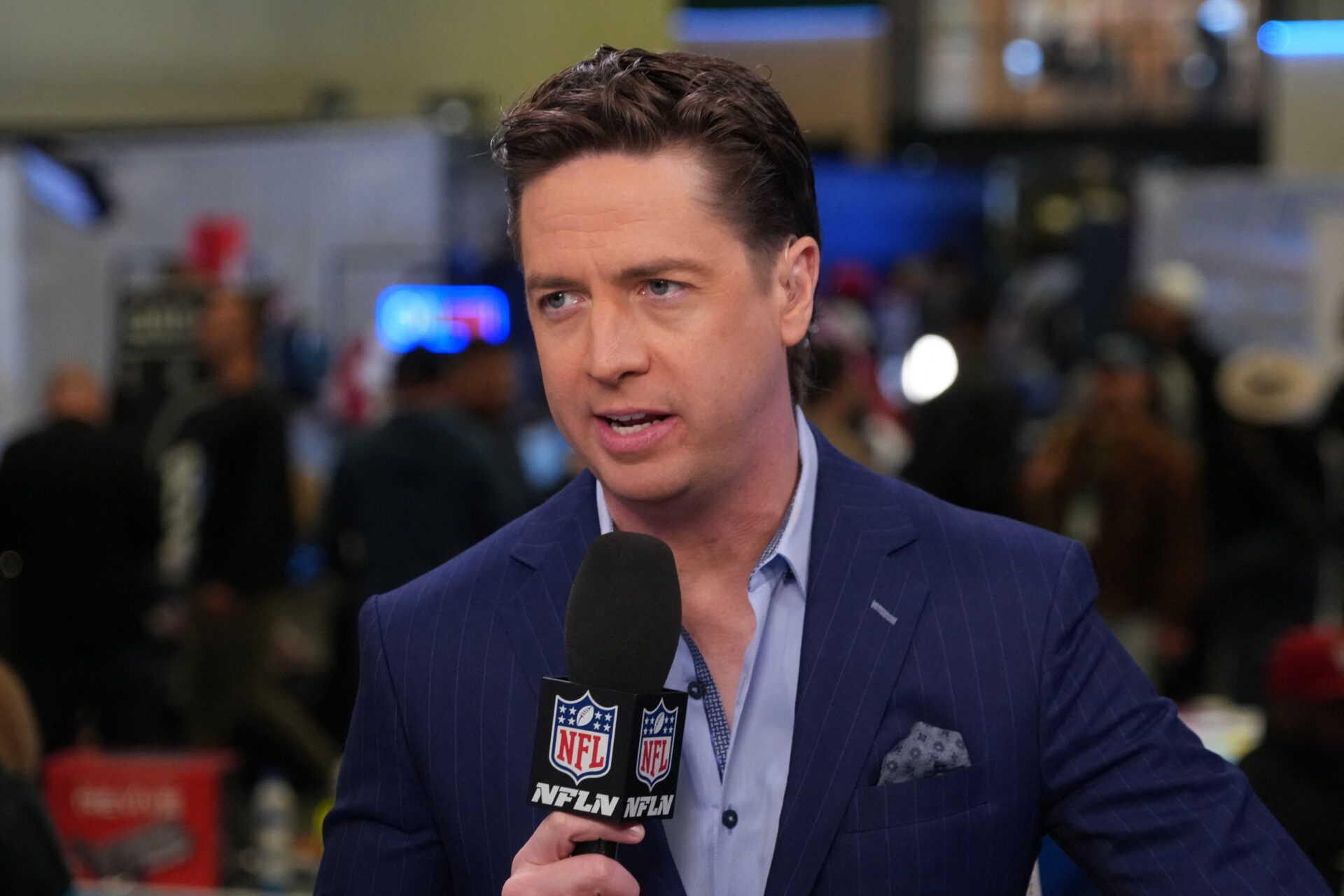 Tom Pelissero on the NFL Network set at the Super Bowl LX media center at the Moscone Center.