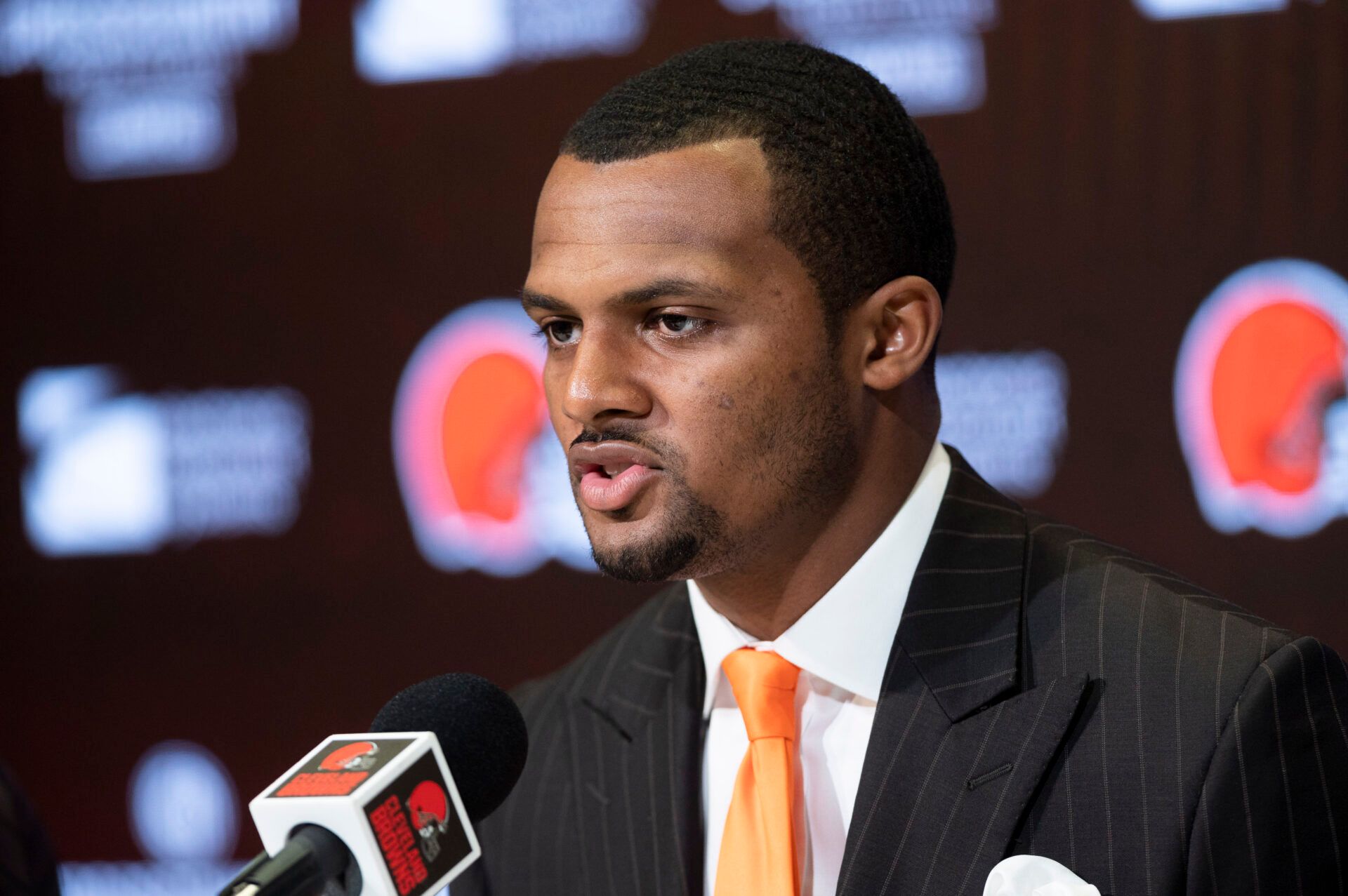 Cleveland Browns quarterback Deshaun Watson talks with the media during a press conference at the CrossCountry Mortgage Campus.