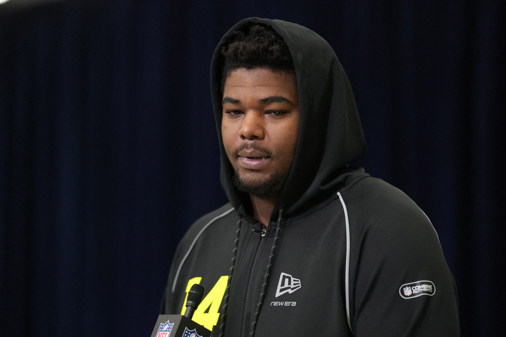 Mississippi defensive lineman Zxavian Harris (DL14) speaks during the NFL Scouting Combine at the Indiana Convention Center.