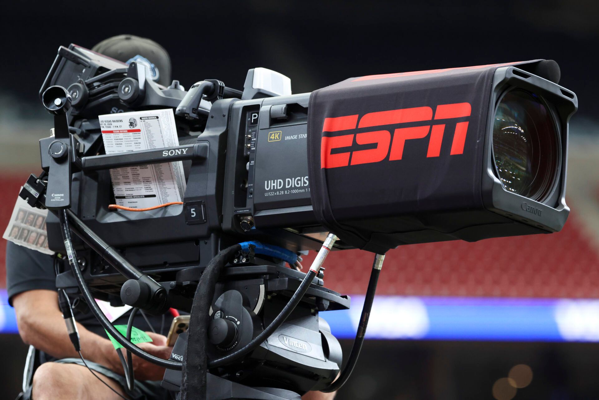 View of an ESPN camera before the game between the Houston Texans and the Las Vegas Raiders at Reliant Stadium.