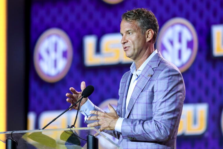 LSU Tigers head coach Lane Kiffin speaks to the press during SEC Football Kickoff Media Day at the Tampa Marriott.