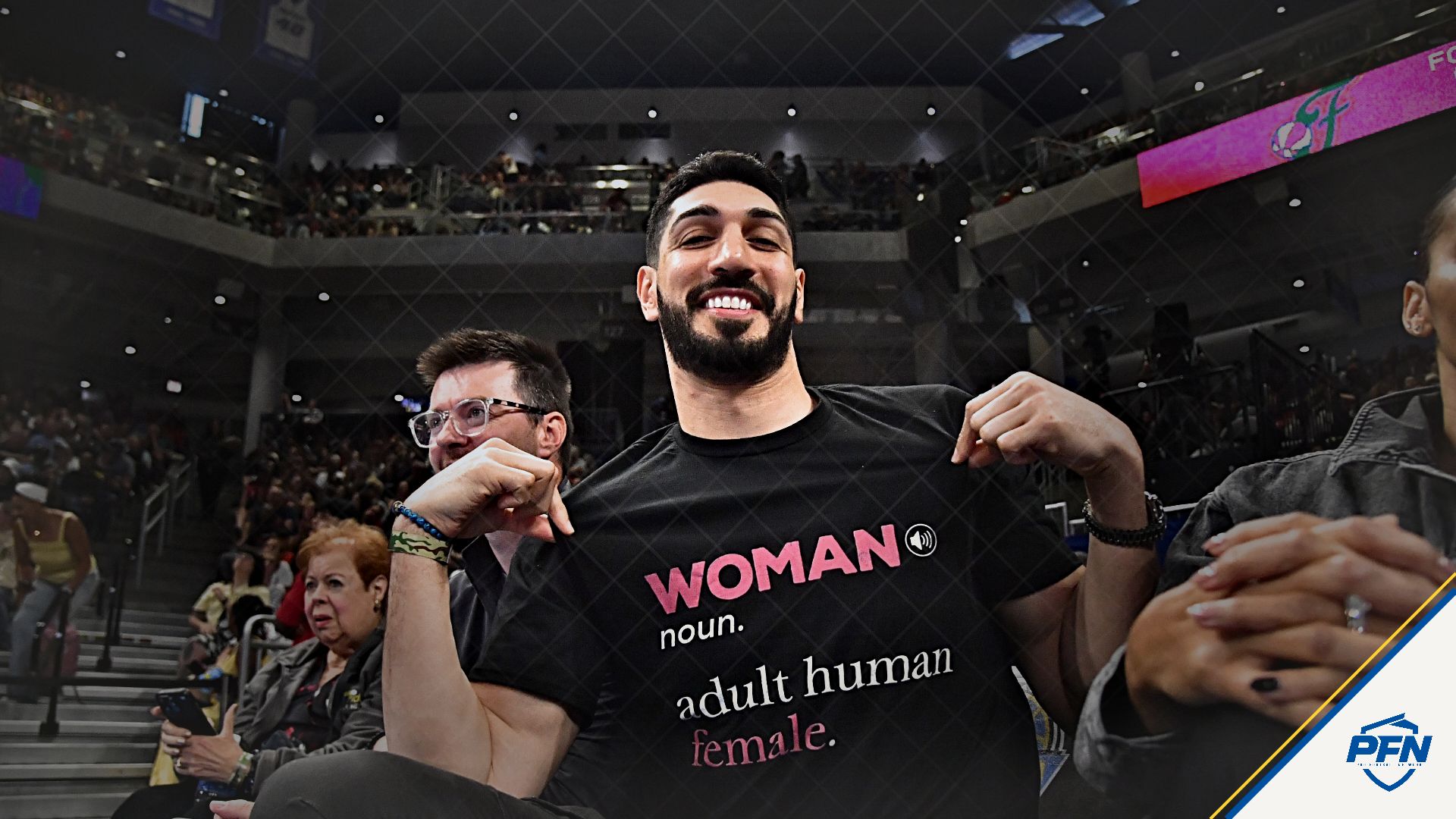 Turkish-American former basketball player and human rights activist Enes Kanter Freedom is seen prior to a game between the Indiana Fever and the Chicago Sky at Wintrust Arena.