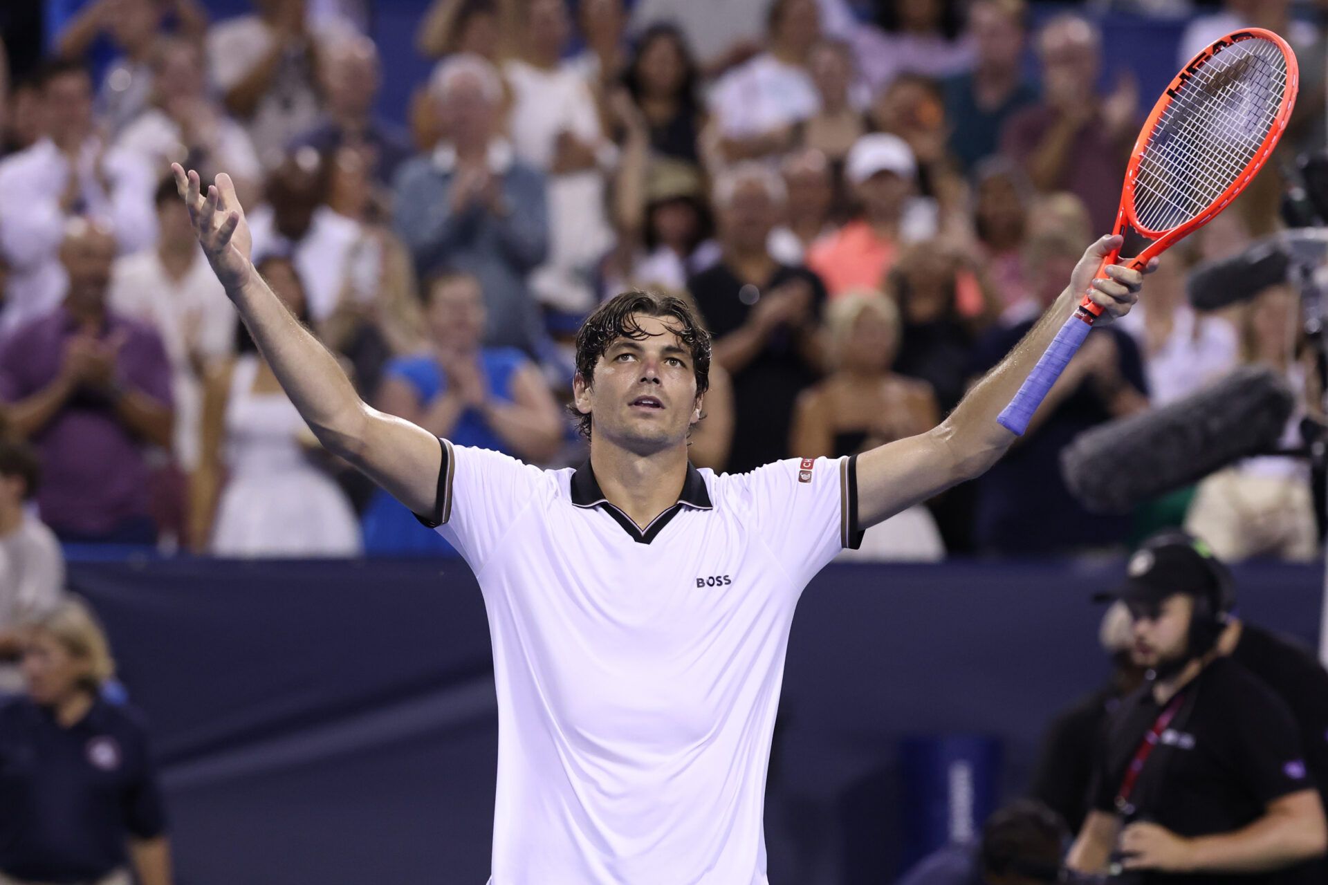 Taylor Fritz (USA) celebrates after his match against Brandon Nakashima (USA) (not pictured) in a men's singles semifinal on day six of the 2026 Mubadala DC Open at Rock Creek Park Tennis Center.