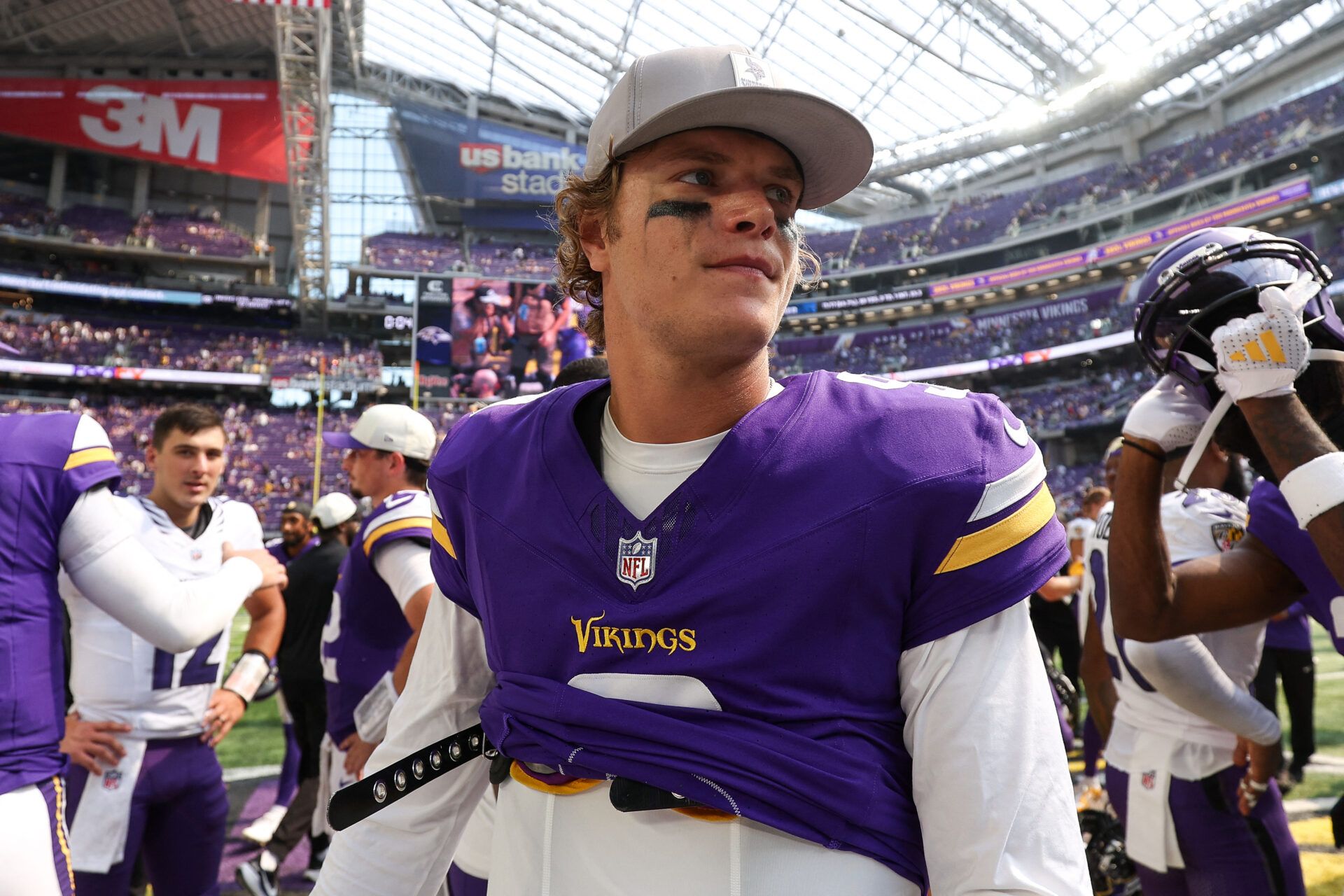 Minnesota Vikings quarterback J.J. McCarthy (9) looks on after the game against the Baltimore Ravens at U.S. Bank Stadium.