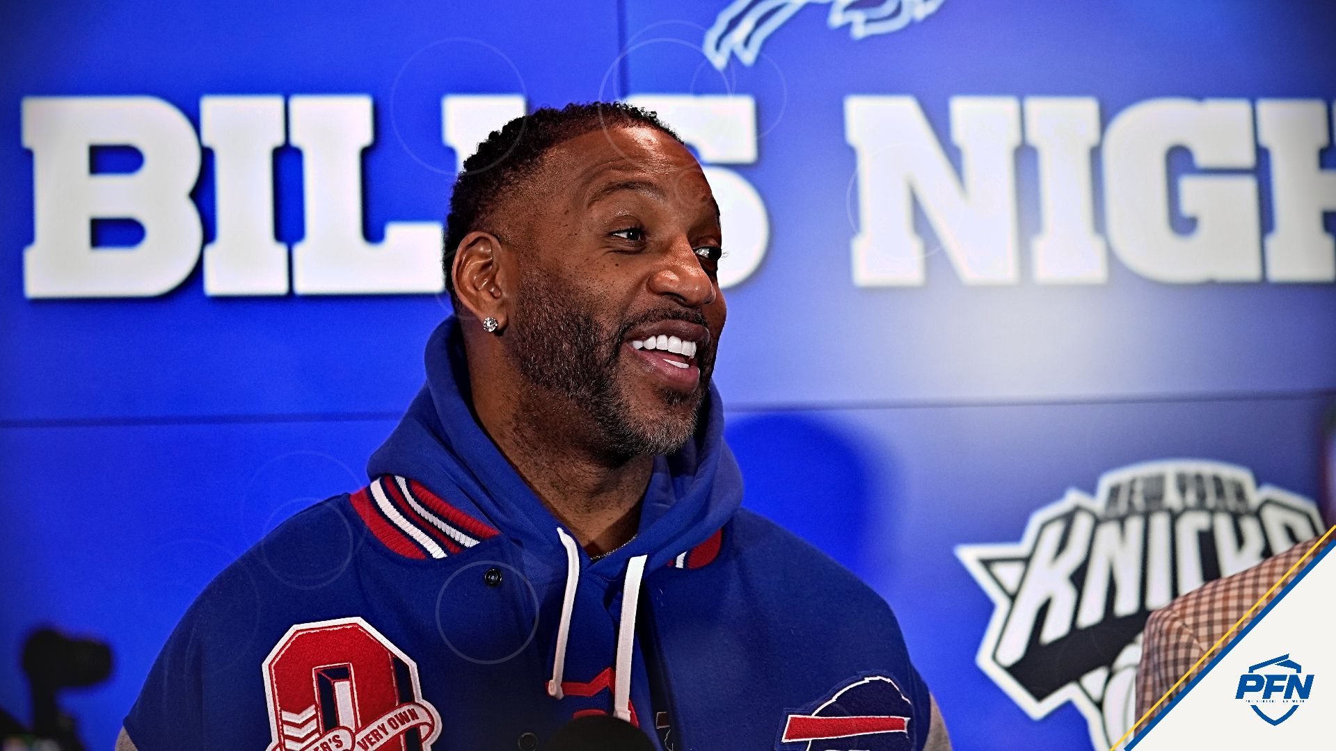 Former Toronto Raptors and Buffalo Bills minority owner Tracy McGrady talks to the media before a game between the New York Knicks and Toronto Raptors the at Scotiabank Arena.