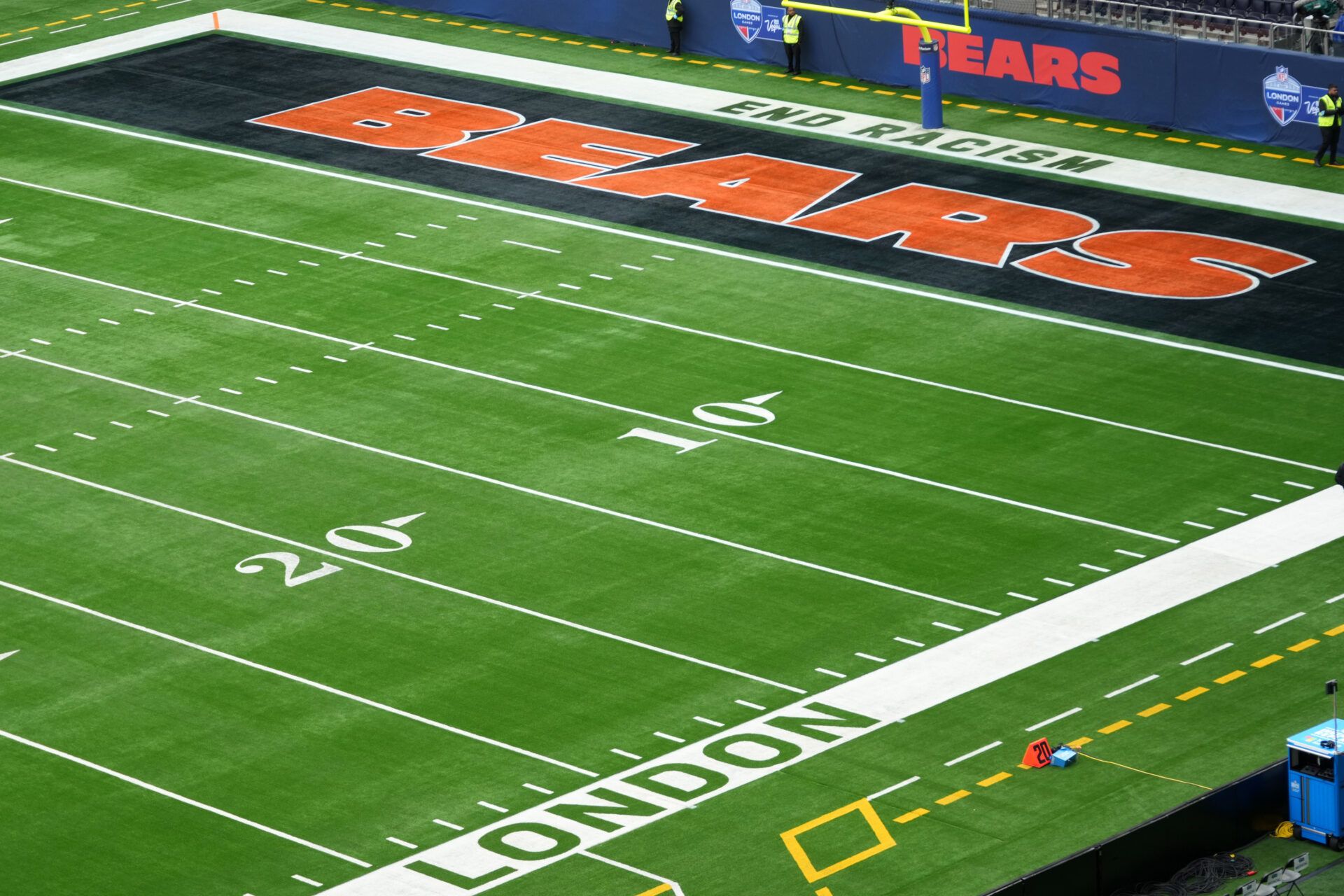 The Chicago Bears logo in the end zone before an NFL International Series game at Tottenham Hotspur Stadium.