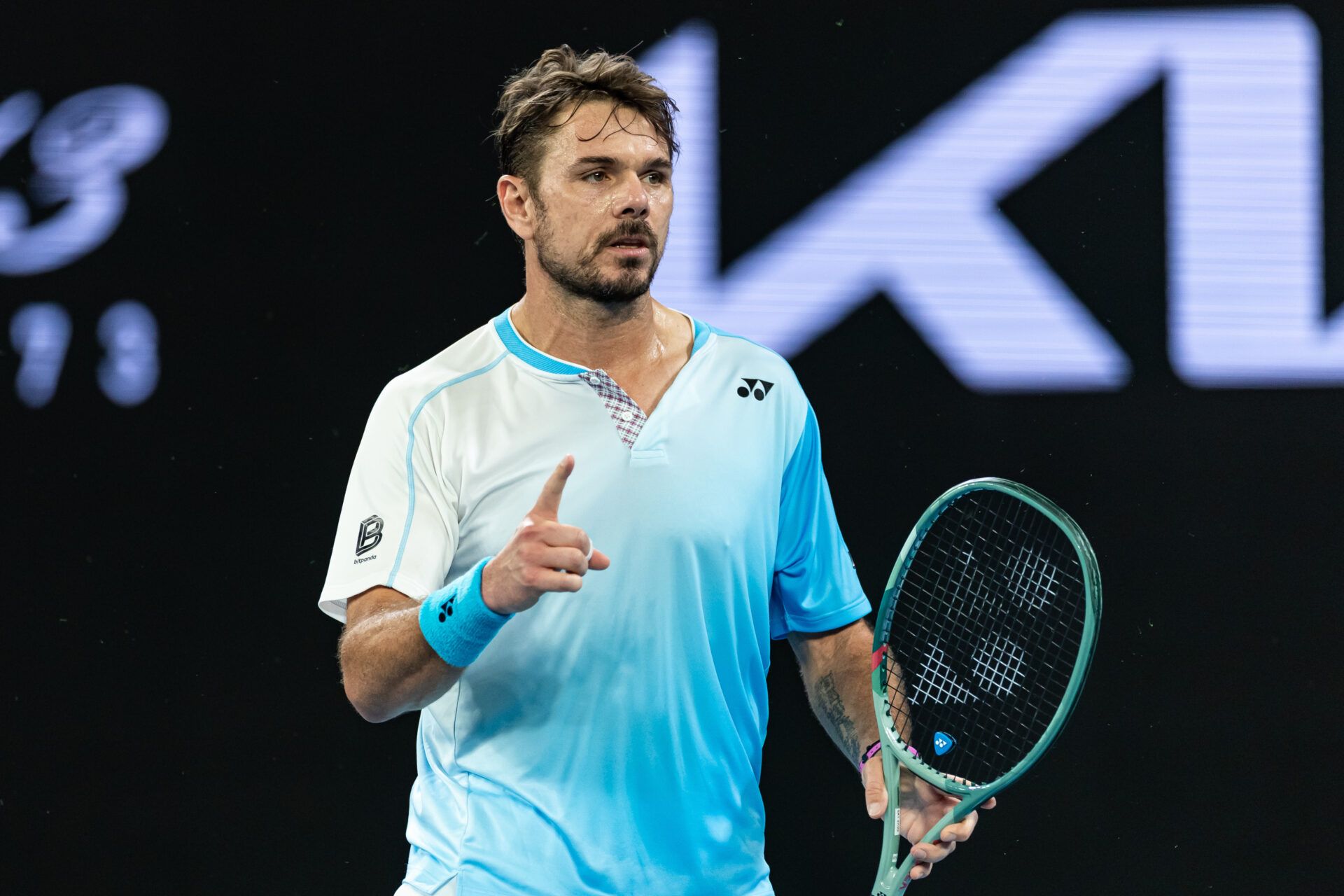 Stan Wawrinka of Switzerland in action against Taylor Fritz of United States in the third round of the mens singles at the Australian Open at John Cain Arena in Melbourne Park.