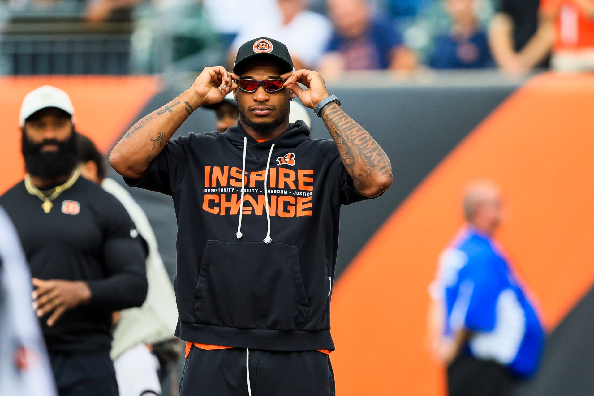 Cincinnati Bengals wide receiver Ja'marr Chase (1) stands on the field during warmups before the game against the Chicago Bears at Paycor Stadium.