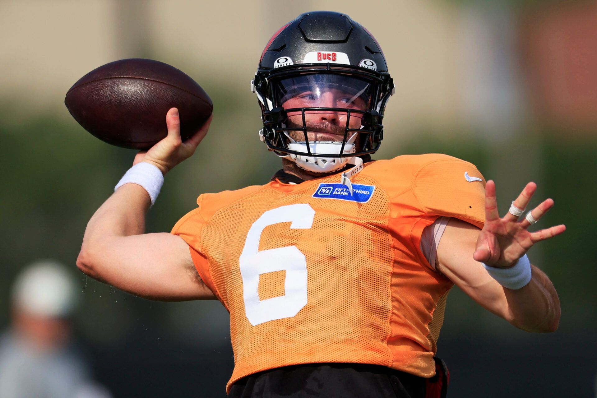 Tampa Bay Buccaneers quarterback Baker Mayfield (6) throws the ball during a joint Buccaneers?Jaguars NFL practice at the Miller Electric Center on Tuesday, Aug. 25, 2026, in Jacksonville, Fla.