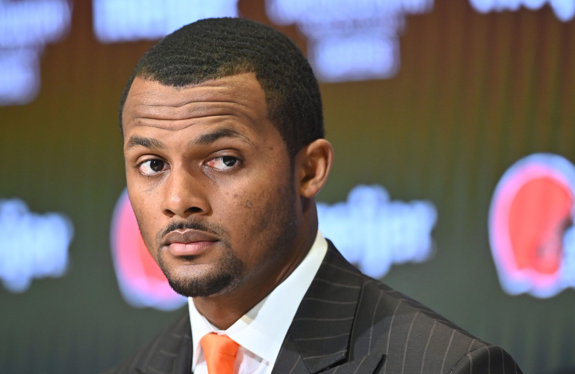 Cleveland Browns quarterback Deshaun Watson listens to a question during a press conference at the CrossCountry Mortgage Campus.