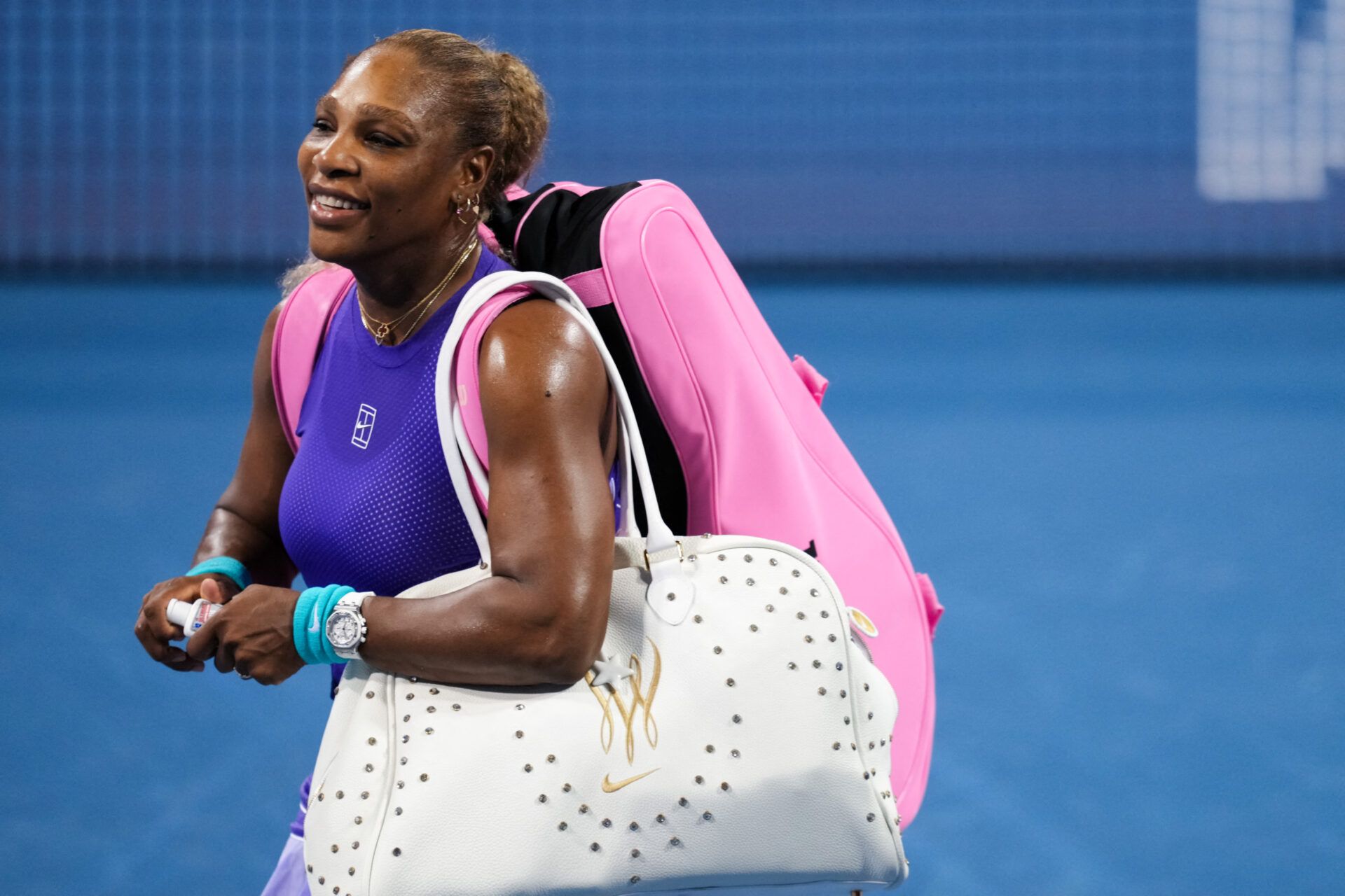 Serena Williams and Venus Williams, not pictured, of the United States walk off the court after their doubles match against Peyton Stearns of the United States and Marta Kostyuk of Ukraine during the Cincinnati Open at Lindner Family Tennis Center.