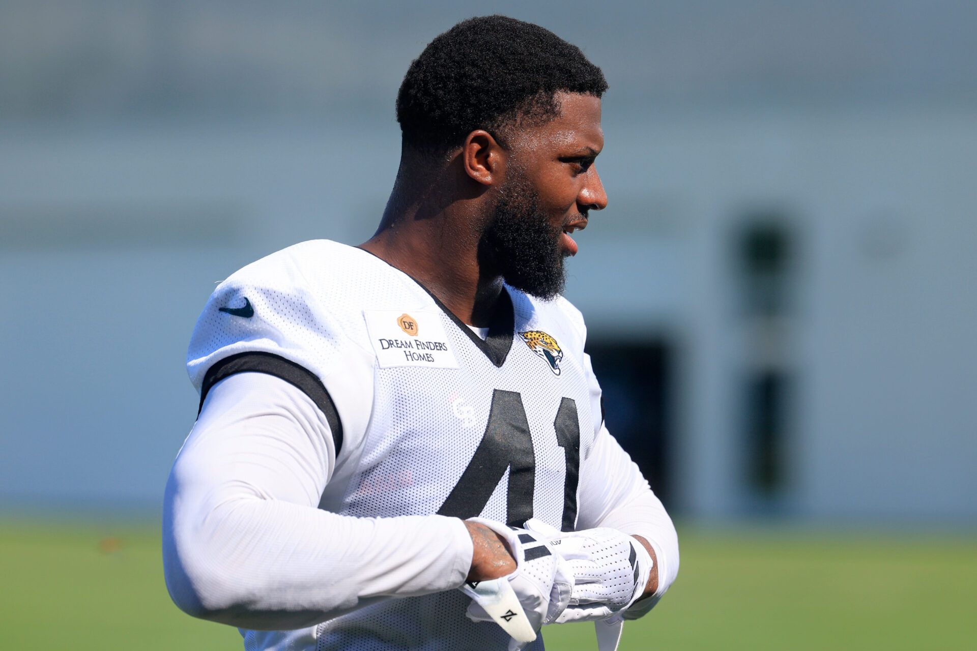 Jacksonville Jaguars defensive end Josh Hines-Allen (41) walks off the field after Day 15 of NFL training camp at the Miller Electric Center on Tuesday, Aug. 18, 2026, in Jacksonville, Fla.