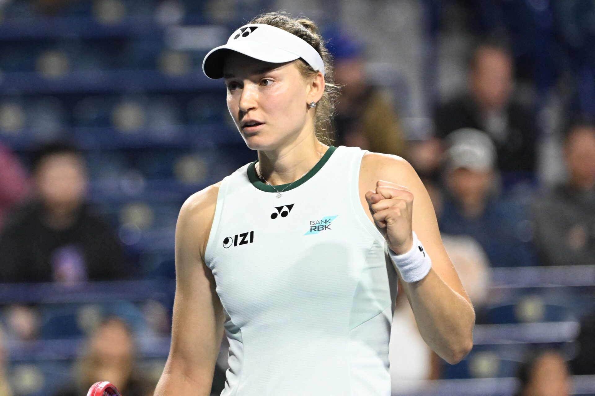 Elena Rybakina (KAZ) reacts after winning a game against Coco Gauff (USA) during semi-final play at Sobeys Stadium.
