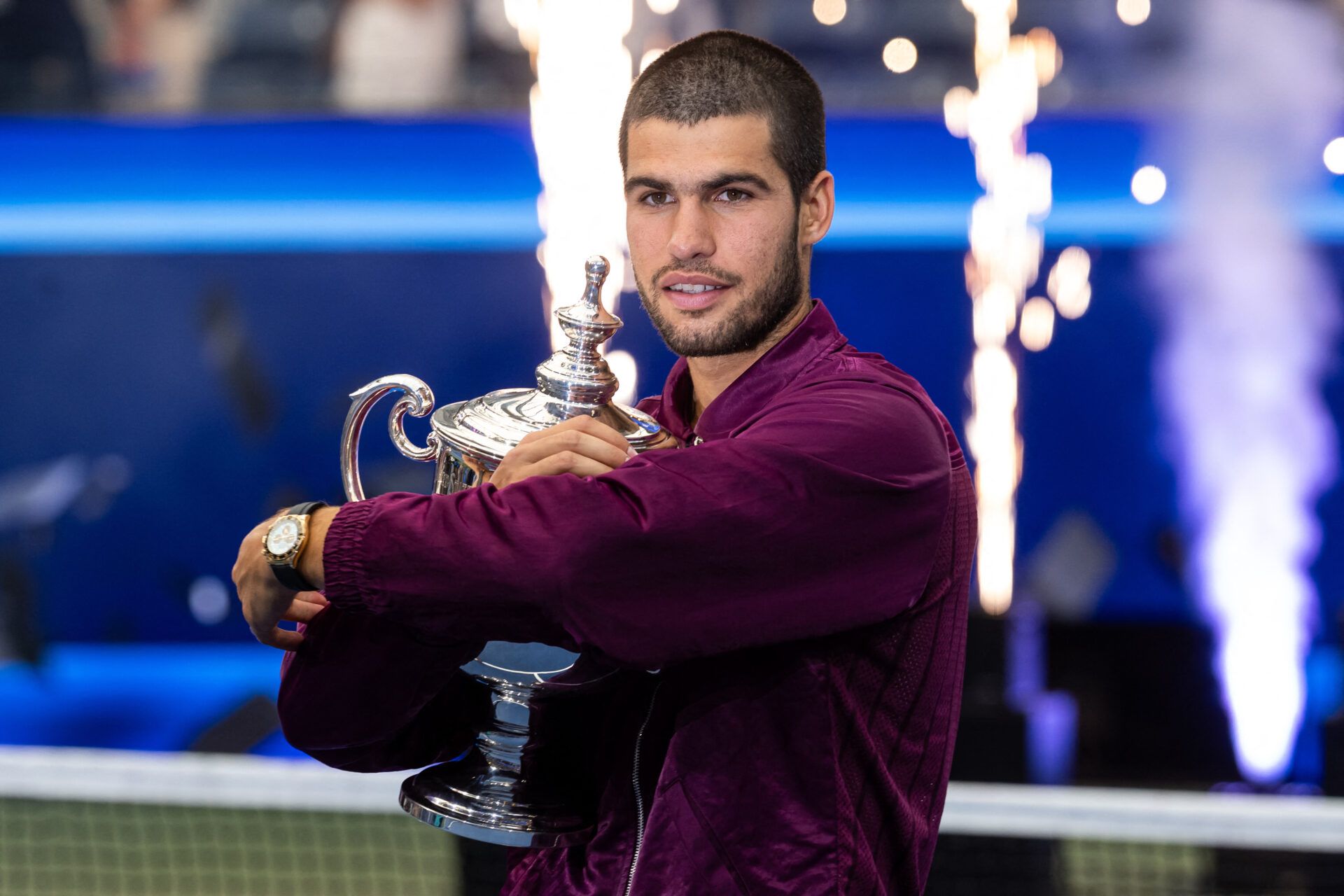 Carlos Alcaraz of Spain with the US Open trophy after winning the final of men’s singles at Billie Jean King National Tennis Center.