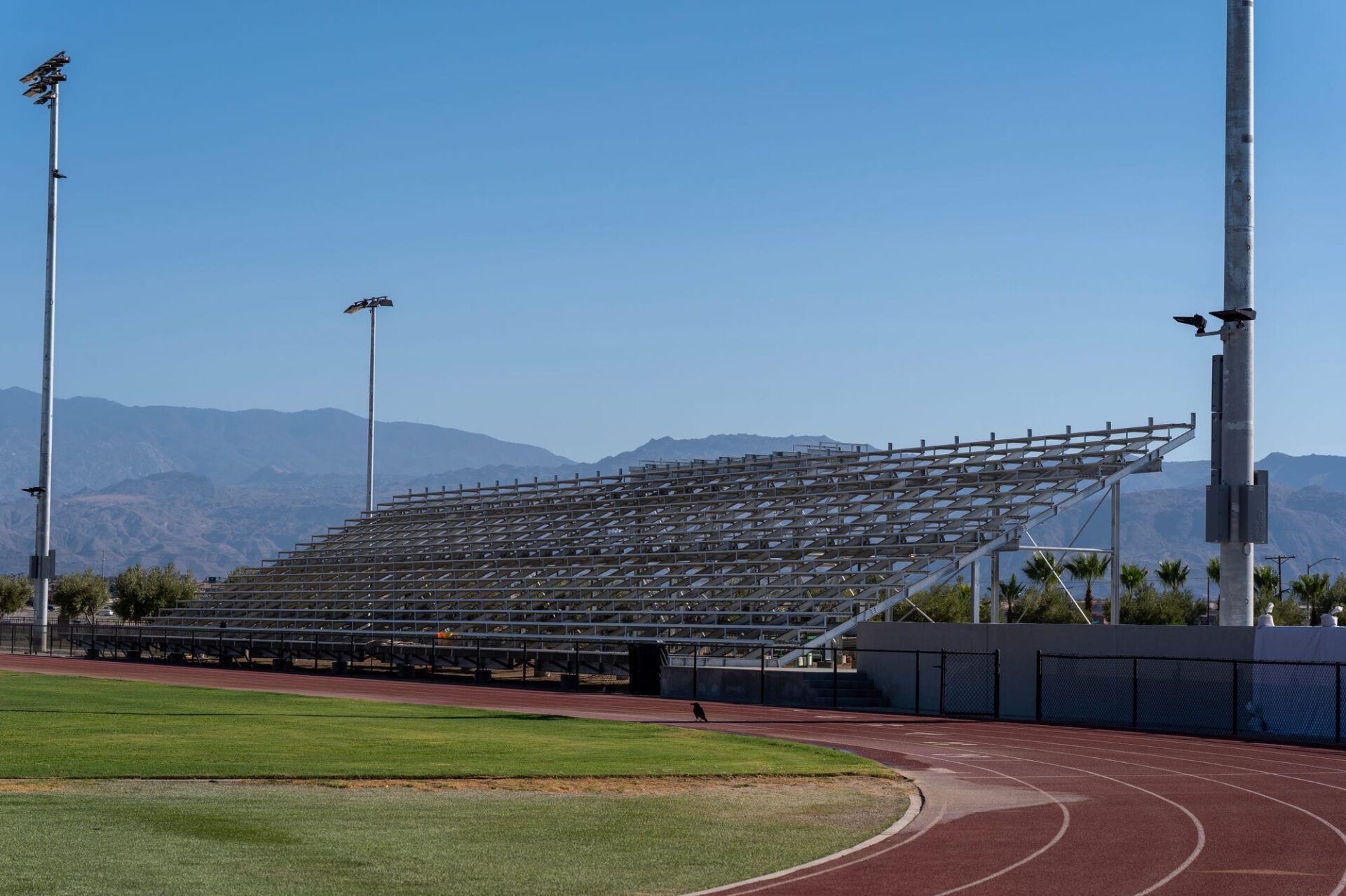 Scenes of the football field and stadium seats under construction at Xavier College Preparatory High School in Palm Desert, Calif., on July 28, 2026.