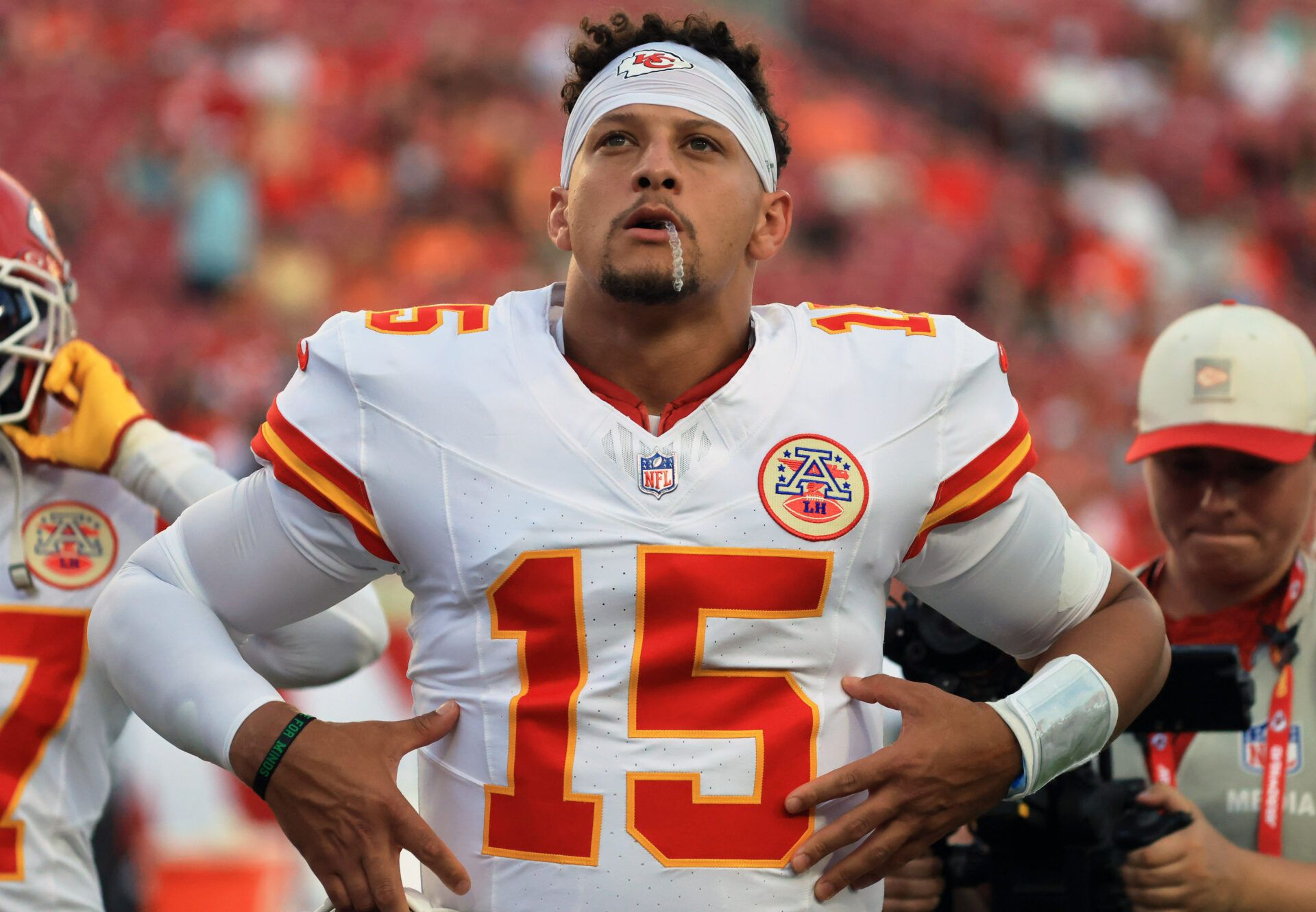 Kansas City Chiefs quarterback Patrick Mahomes (15) against the Tampa Bay Buccaneers prior to the game at Raymond James Stadium.