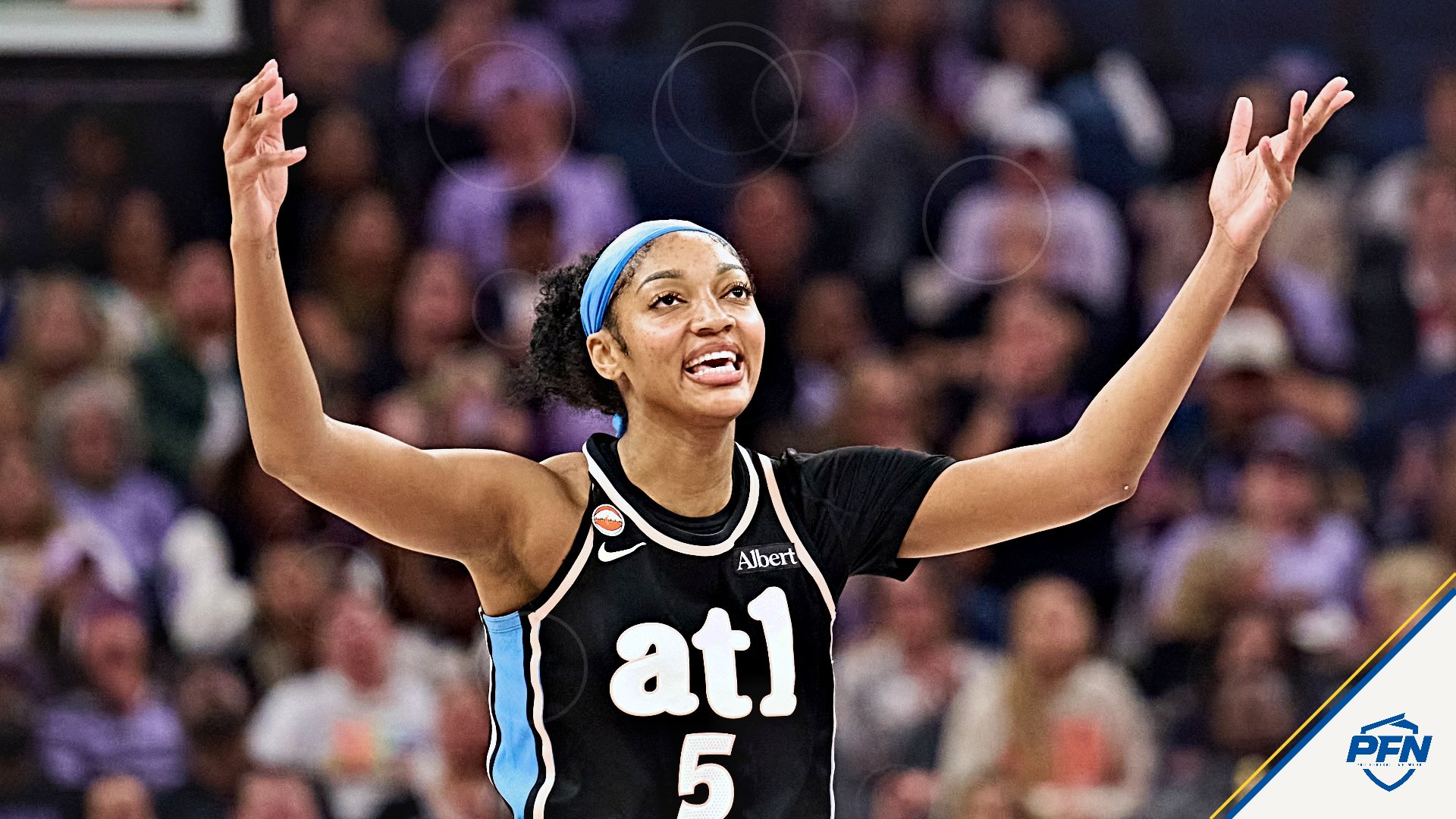 Atlanta Dream forward Angel Reese (5) reacts against the Golden State Valkyries during the second quarter at Chase Center.