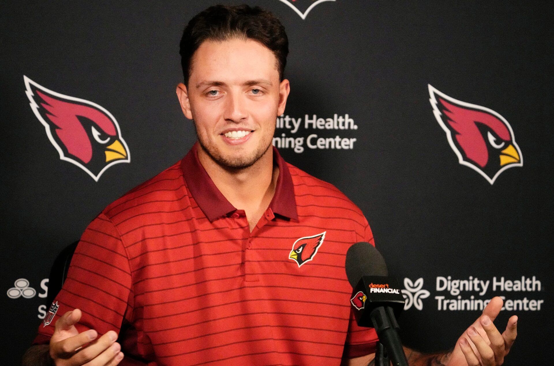Arizona Cardinals rookie quarterback Carson Beck during a press conference on May 7, 2026, at the Arizona Cardinals training facility in Tempe, Ariz.