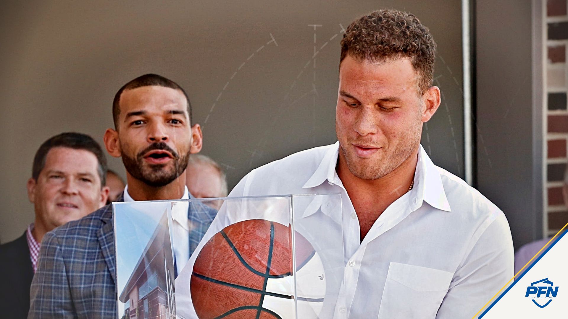Blake Griffin tries to put a presentation basketball back on its stand inside a plastic case after it was presented to him by the men's and women's basketball team as the new Griffin Family Performance Center at the University of Oklahoma is dedicated on Aug. 25, 2018 in Norman, Okla. Behind is senior associate athletic director Zac Selmon. Photo by Steve Sisney, The Oklahoman

20dc08180a0ec94ecdef6e12eed2da3b
USA TODAY Network via Reuters Connect