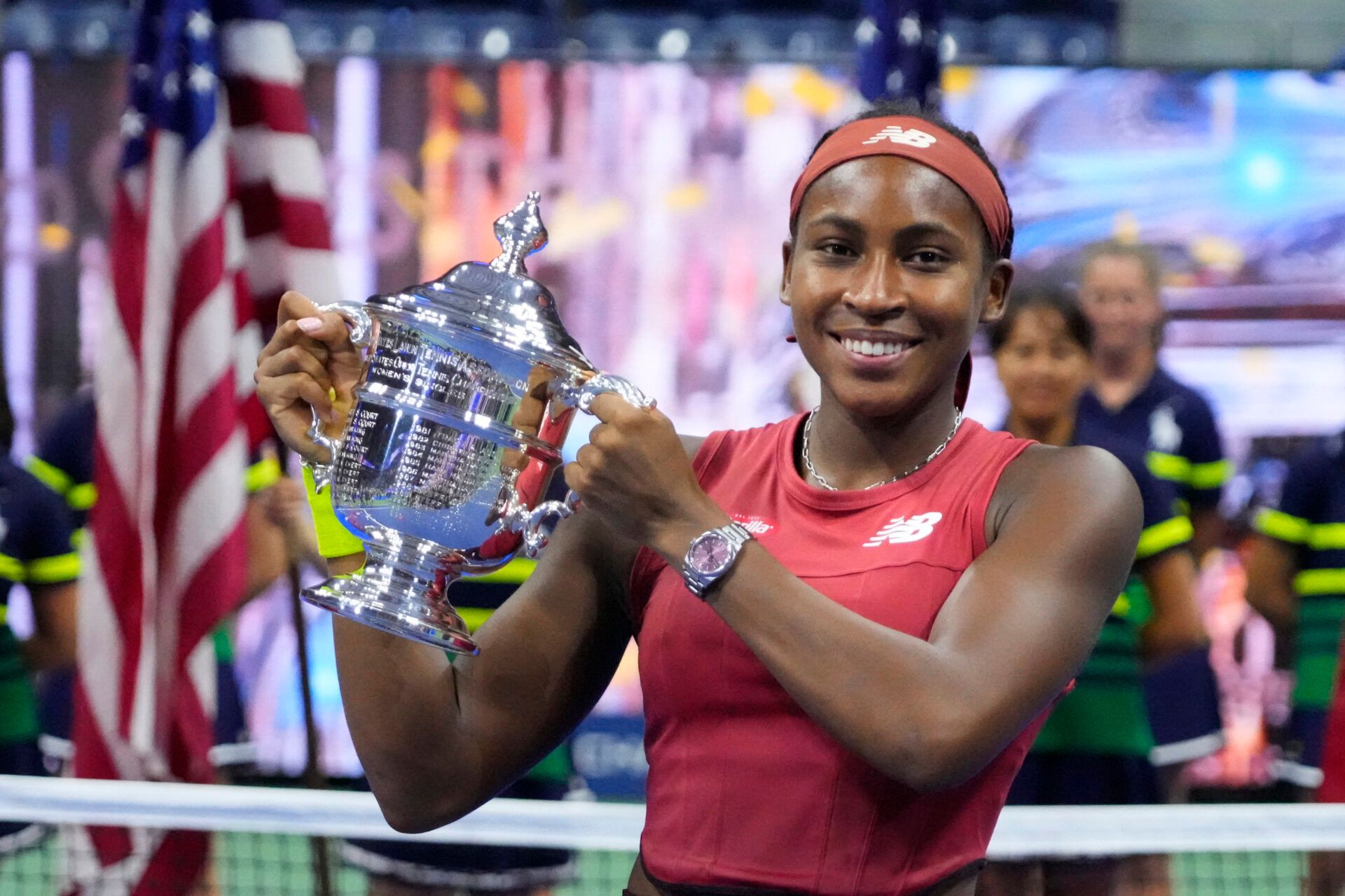 Coco Gauff of the United States celebrates with the championship trophy after her match against Aryna Sabalenka (not pictured) in the women's singles final on day thirteen of the 2023 U.S. Open tennis tournament at USTA Billie Jean King Tennis Center.