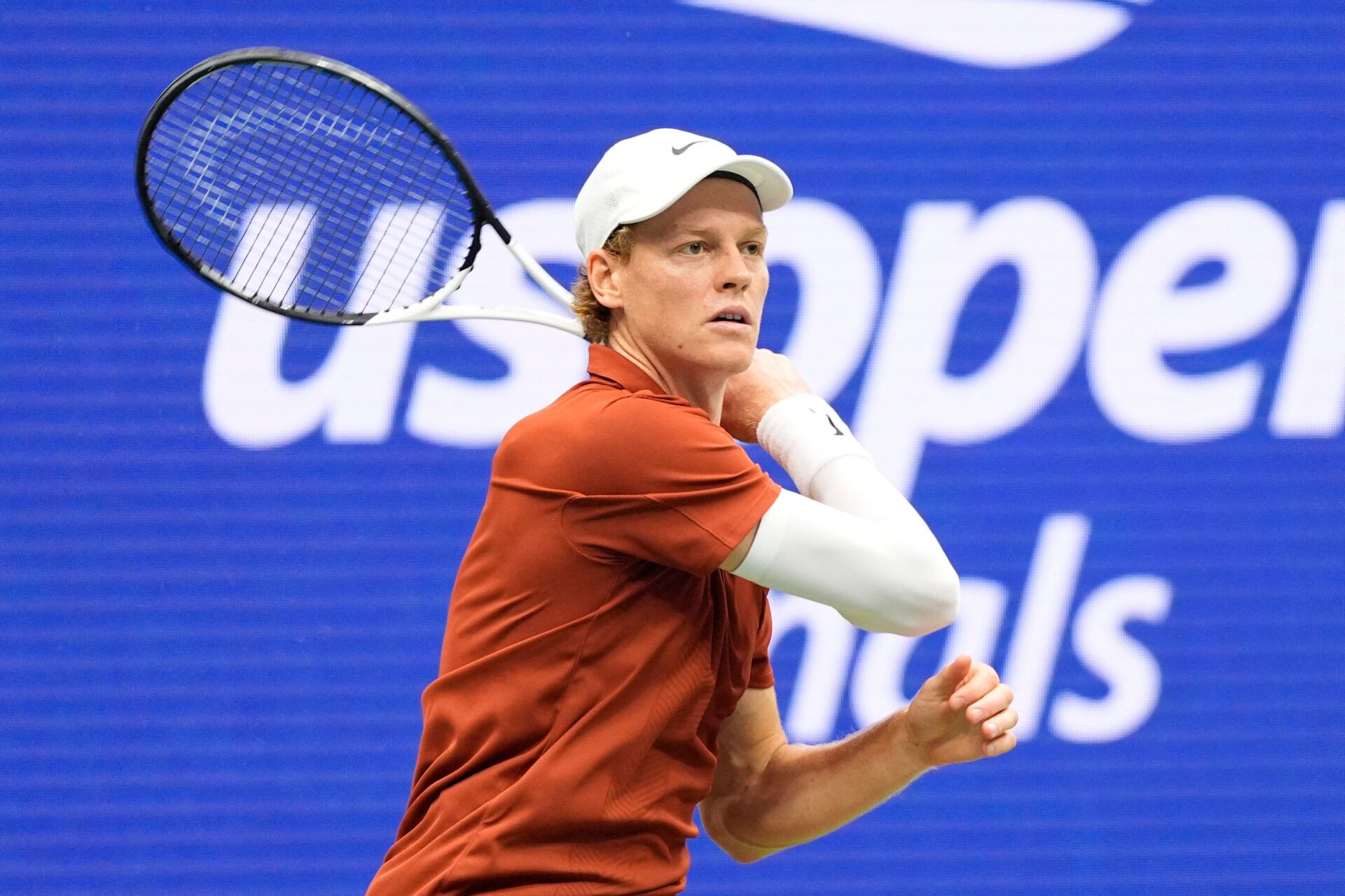 Jannik Sinner (ITA) in action against Carlos Alcaraz (ESP) (not pictured) during the final of mens singles at Billie Jean King National Tennis Center.