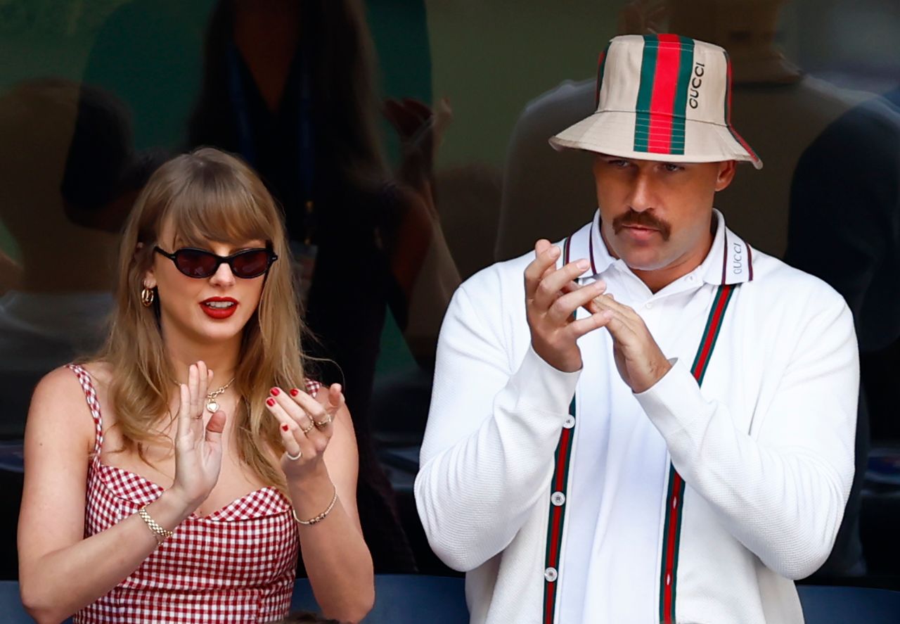 Recording artist Taylor Swift and Kansas City Chiefs tight end Travis Kelce look on in the men’s singles final of the 2024 U.S. Open tennis tournament at USTA Billie Jean King National Tennis Center at Louis Armstrong Stadium.
