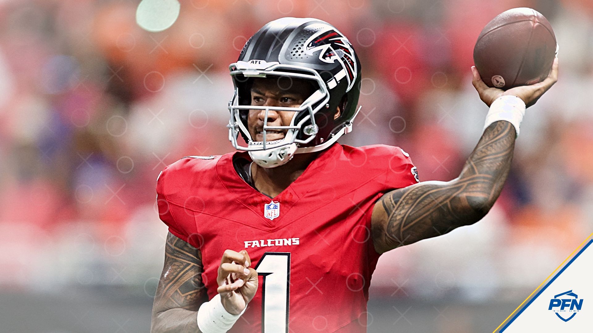 Atlanta Falcons quarterback Tua Tagovailoa (1) throws a pass against the Denver Broncos in the first quater at Mercedes-Benz Stadium.