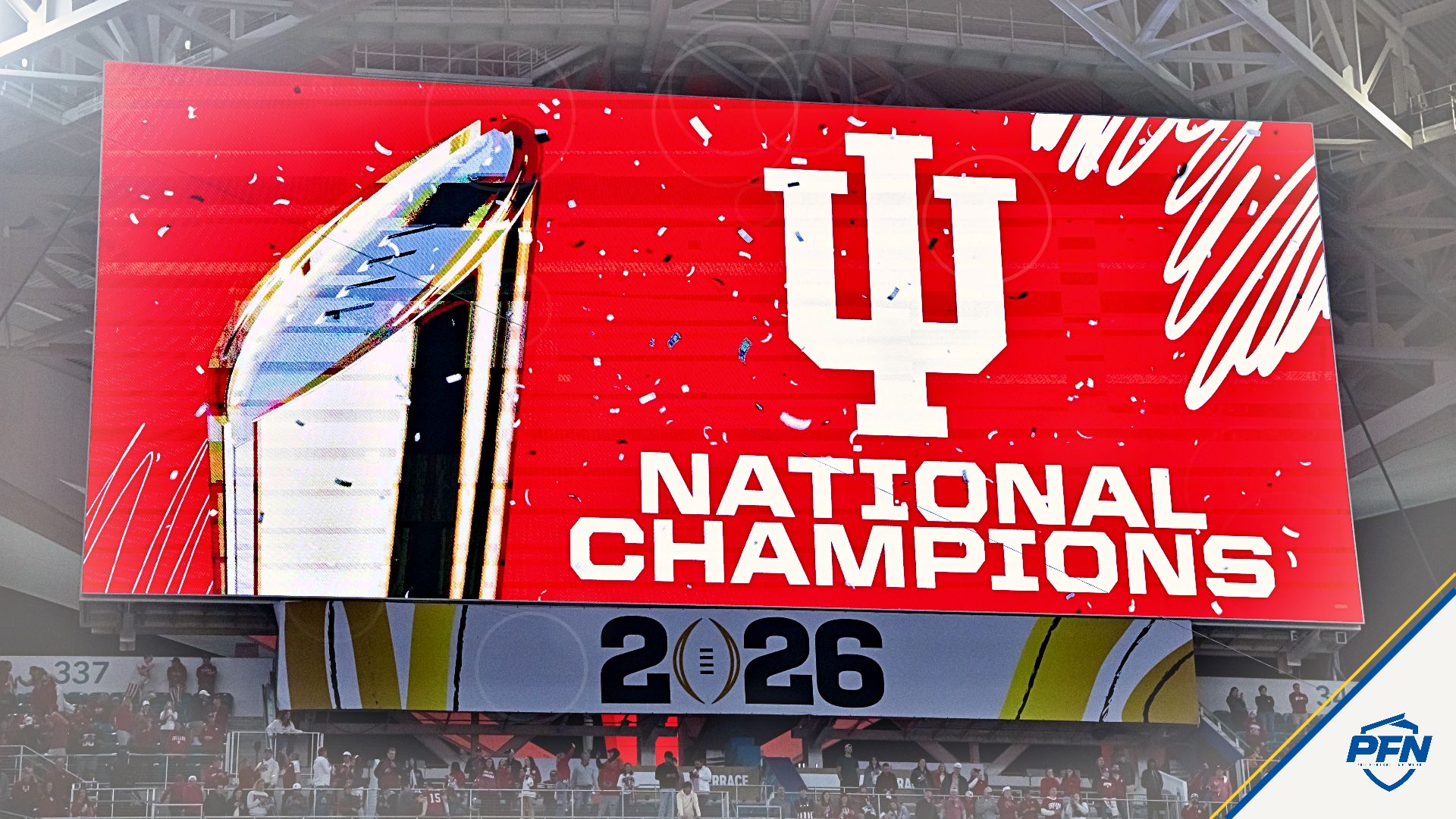 Detailed view of the Jumbotron as it shows the Indiana Hoosiers logo and National Champions after defeating the Miami Hurricanes in the College Football Playoff National Championship game at Hard Rock Stadium.