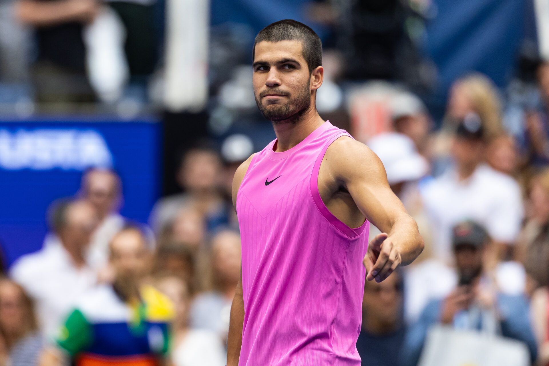 Carlos Alcaraz of Spain celebrates his victory over Novak Djokovic of Serbia in the semifinal of the mens singles at the US Open at Arthur Ashe Stadium in Billie Jean King National Tennis Center.