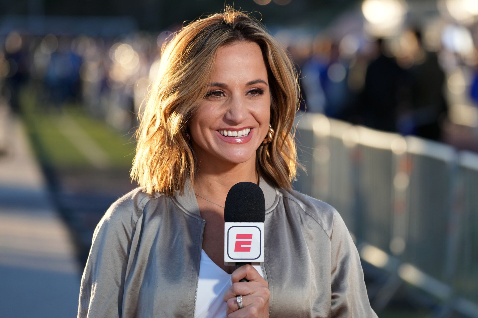 ESPN reporter Dianna Russini at Los Angeles Rams Super Bowl LVI Opening Night at Oaks Christian High School.