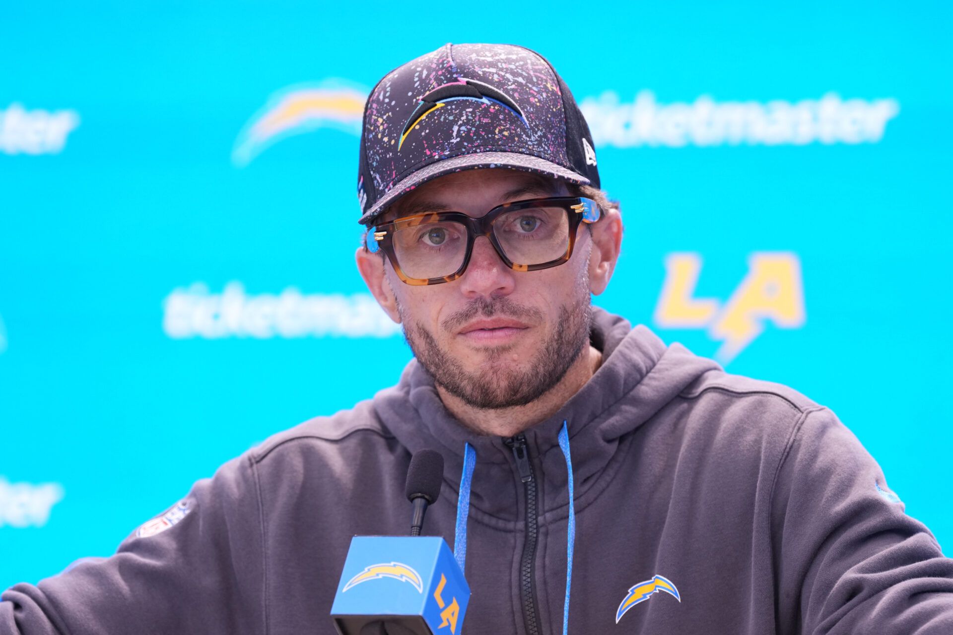 Los Angeles Chargers offensive coordinator Mike McDaniel during training camp press conference at The Bolt.